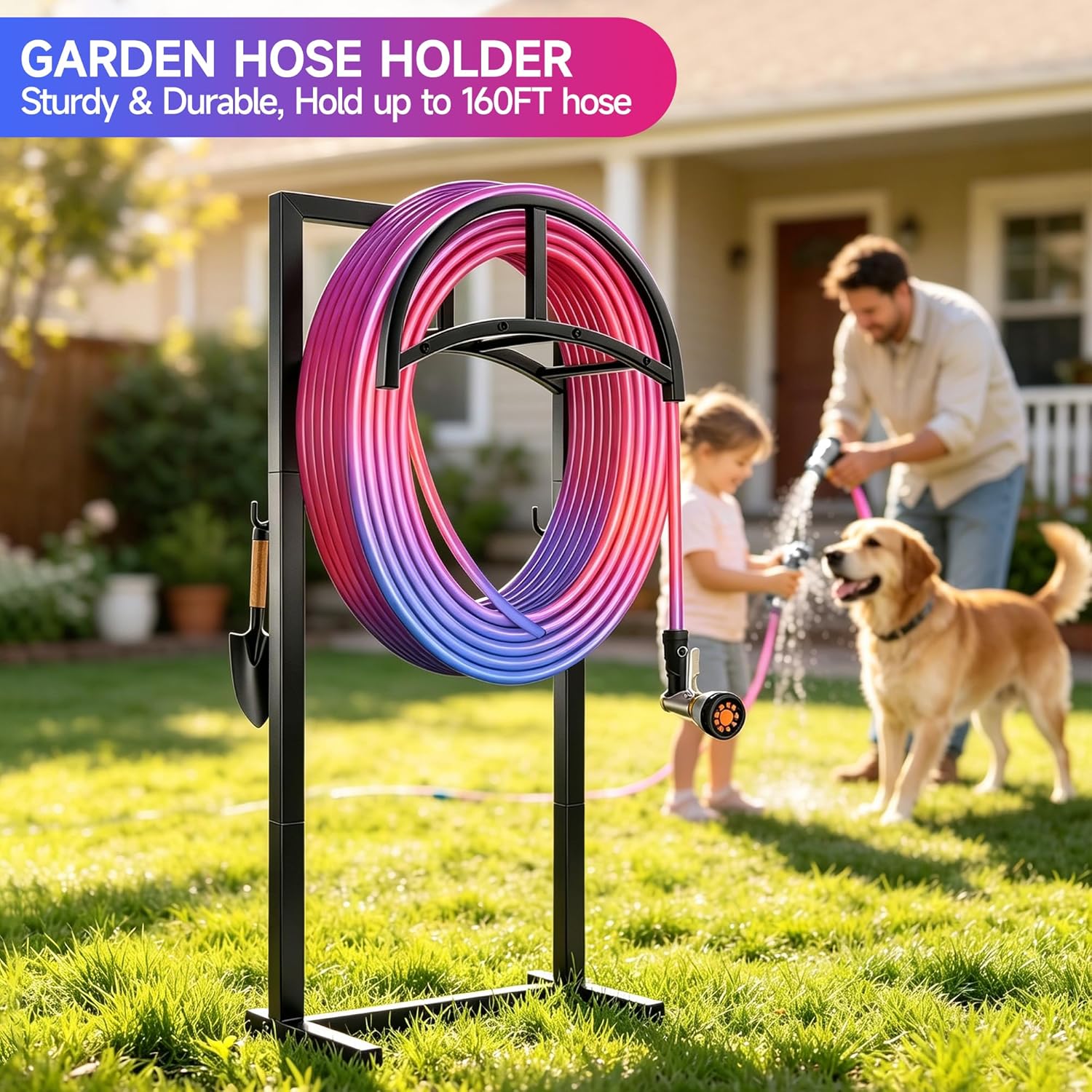 Garden Hose Holder with Stable Base and Tool Hooks, Heavy-Duty Freestanding Water Hose Holder Holds 160 Ft Hose, Detachable Rustproof Garden Hose Storage Hanger Rack for Outside, Yard, Lawn