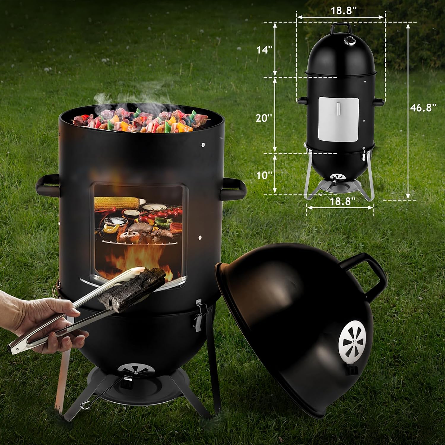 3-in-1 Vertical Charcoal Smoker BBQ Grill 18.8 Inch Outdoor Portable Smoker Grills with Built-in Thermometer, Air Vent Idea for Patio Backyard Barbecue Cooking Camping