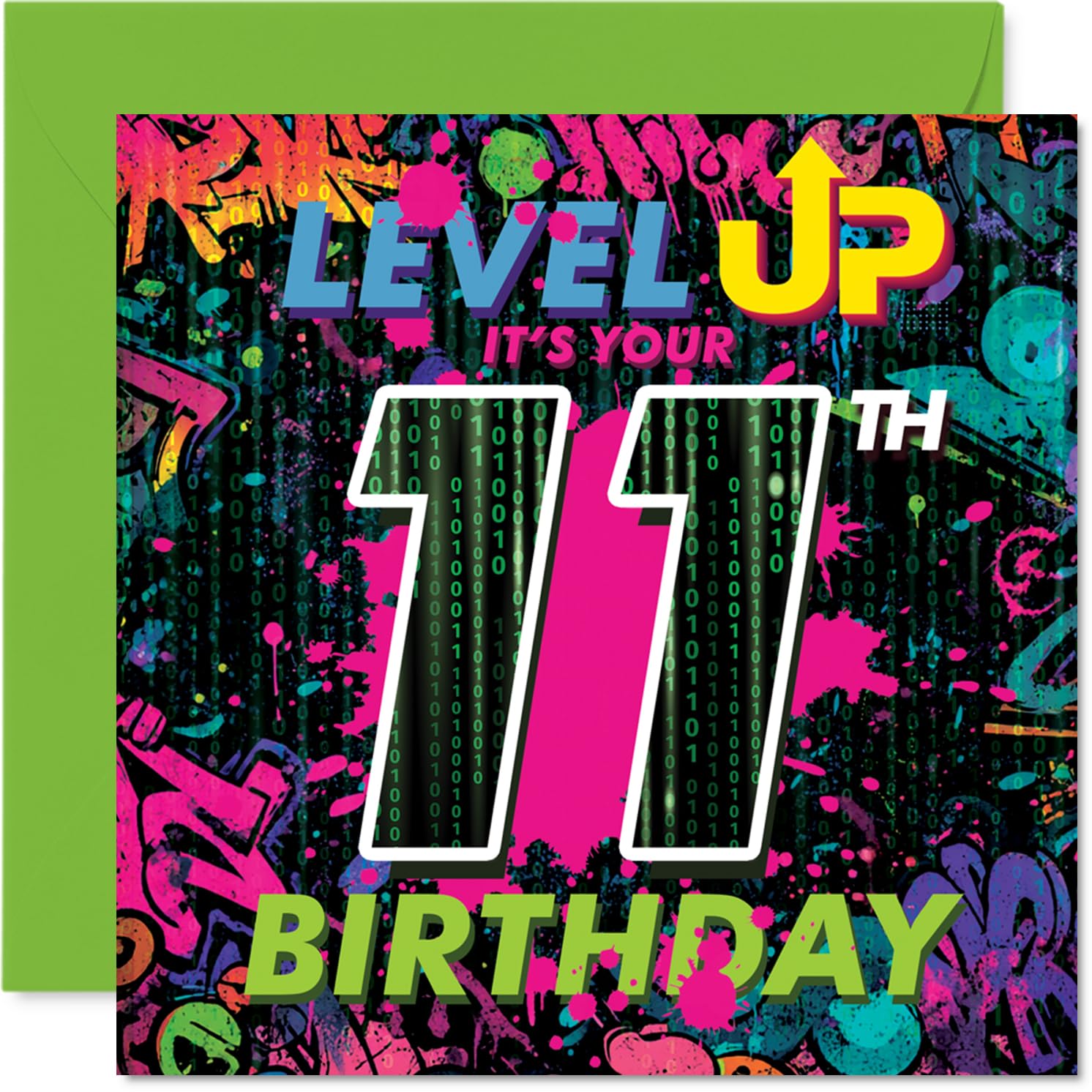 Playful 11th Birthday Card - Level Up the Fun - Vibrant Graffiti Gaming Design with Neon Colours - Epic Style for Young Gamers - 145mm Square, Envelope Included