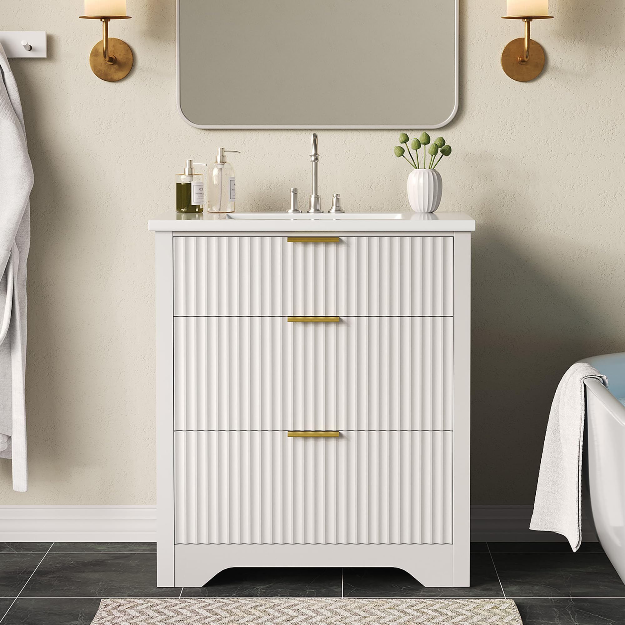 Photo 1 of IDEALHOUSE 30" White Fluted Bathroom Vanity with Sink, Farmhouse Freestanding Bathroom Sink Cabinet with 2 Drawers & 1 Flip-Down Drawer, Easy Assembly & Cleaning