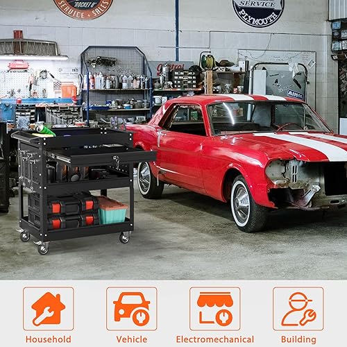 Miniatura 4 de Carro de herramientas rodante de 3 niveles con cajones, carrito utilitario resistente con ruedas, carrito de servicio de gran capacidad de