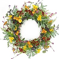 AMF0RESJ Yellow Daisy Spring Summer Wreath for Front Door - Artificial with Olive Eucalyptus Leaves, Adjustable 20" Farmhouse Porch Decor