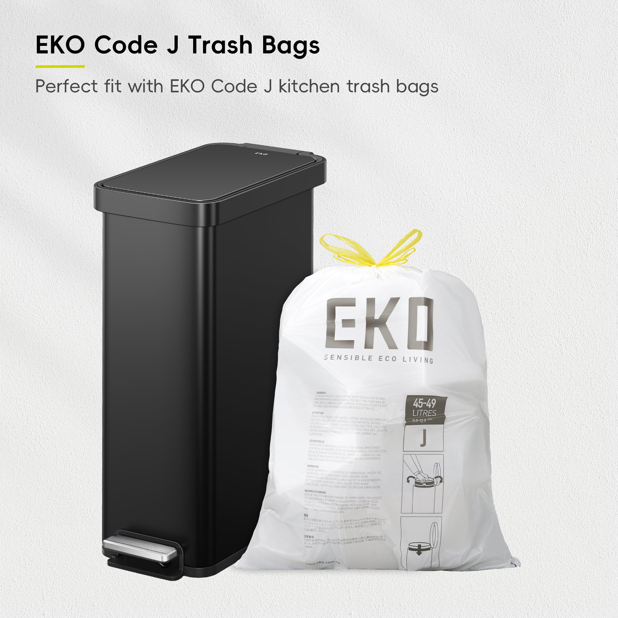 EKO Hudson Slim 50L Küchenabfalleimer mit Deckel, Edelstahl-Stufen-Mülleimer für Küche oder Zuhause, platzsparender Mülleimer mit Absenkautomatik, bleibt offen, Linerring, Mattschwarz