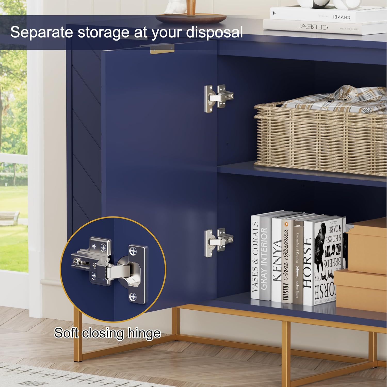 Close-up of the soft-closing hinge mechanism inside the Scurrty cabinet.