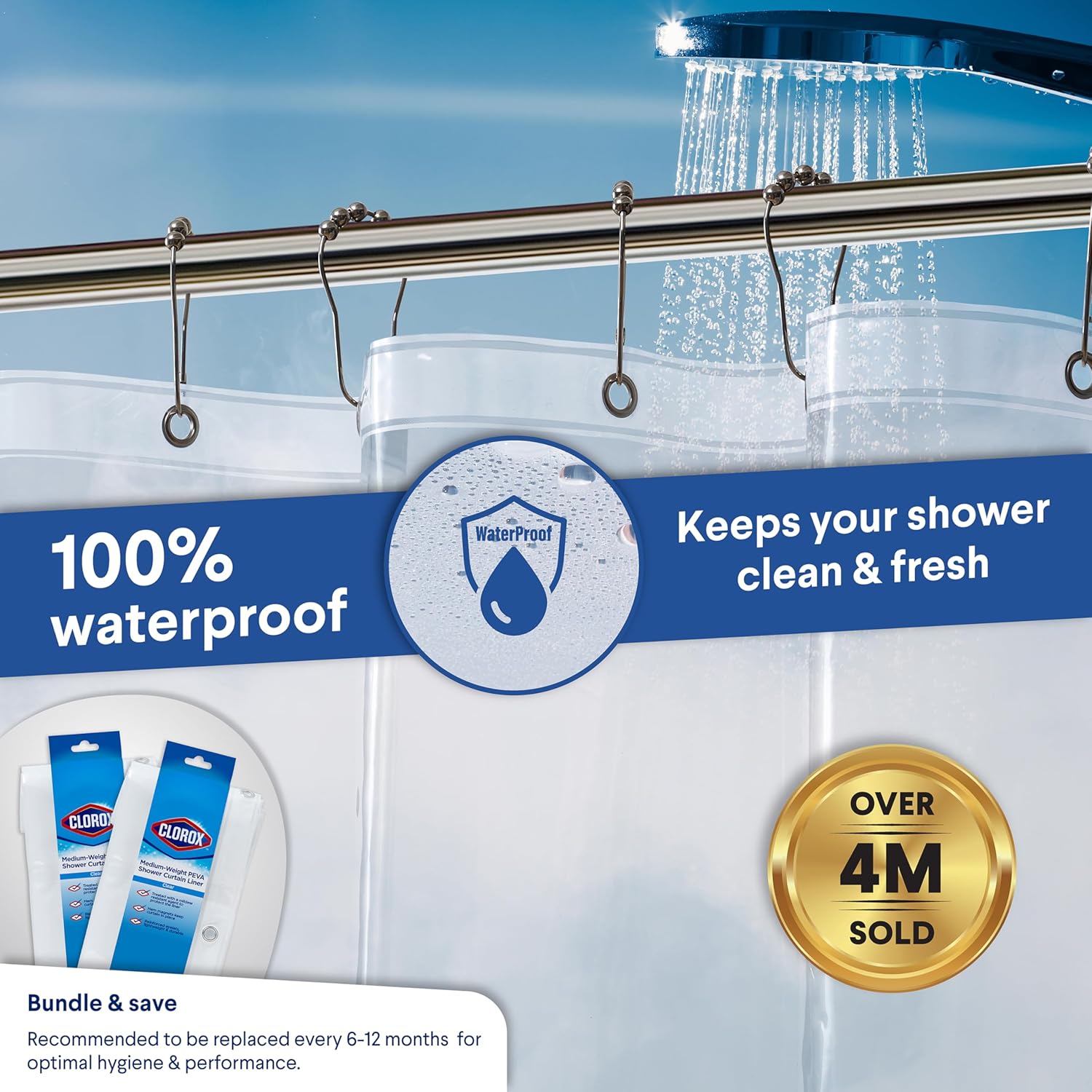 Clorox Shower Curtain Liner, Premium Medium-Weight Durable Waterproof 6g PEVA for Bathroom with Weighted Magnets, Standard Size 72" x 72", Clear 2 Pack