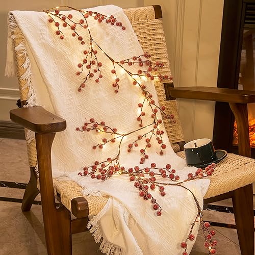 Miniatura 4 de Vanthylit 6FT Red Berry Garland Lights, Battery Operated Christmas Garland with Timer, Lighted Berries Garland Decorations for Holiday Fireplace