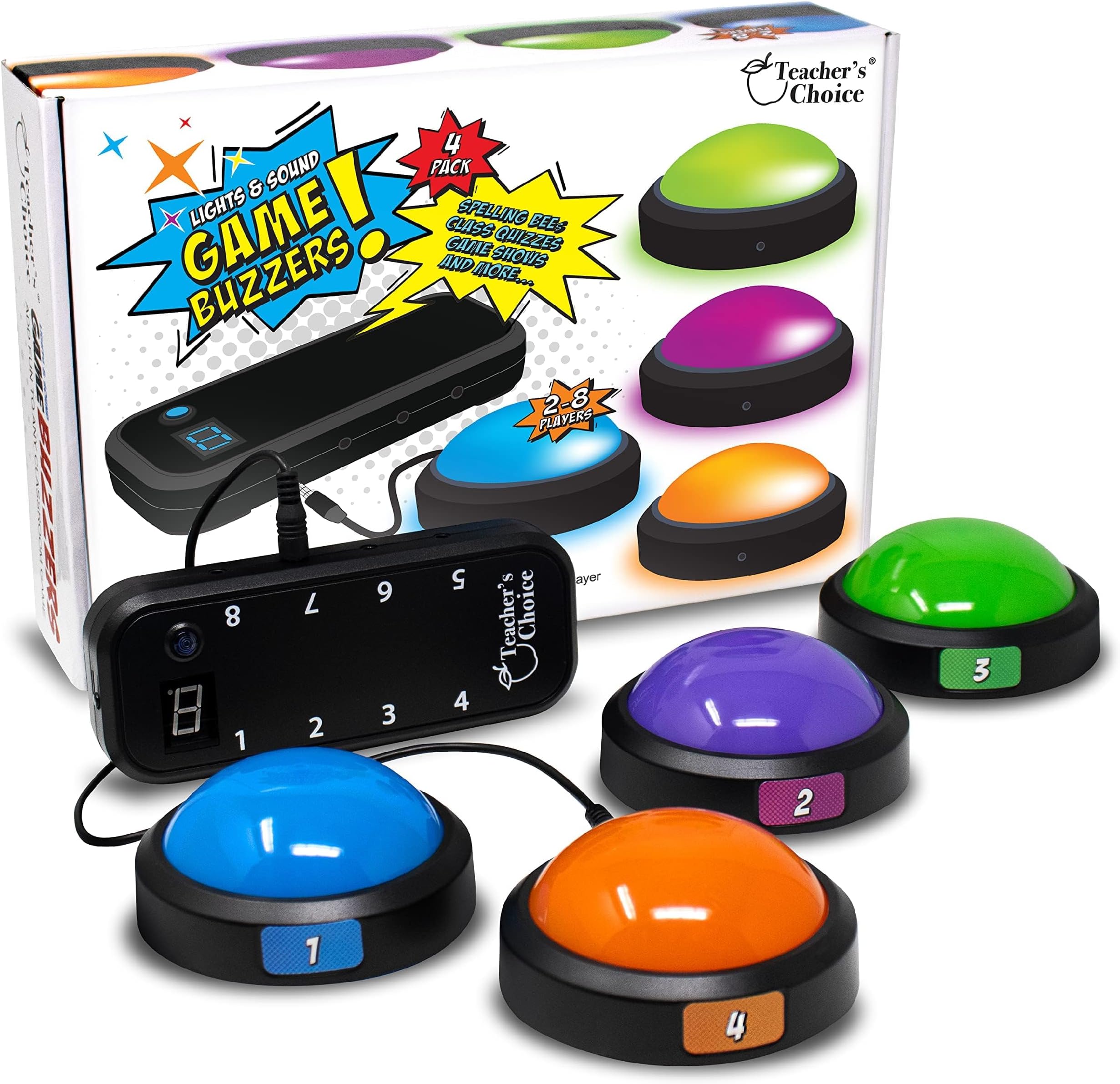 Teacher's Choice 4 Player Light Up Game Buzzer System | Displays The Winning Player | Loud, Unique Sounds for Each Buzzer, Great for Trivia Games, Family Feud, Jeopardy, Competition, Spelling Bees