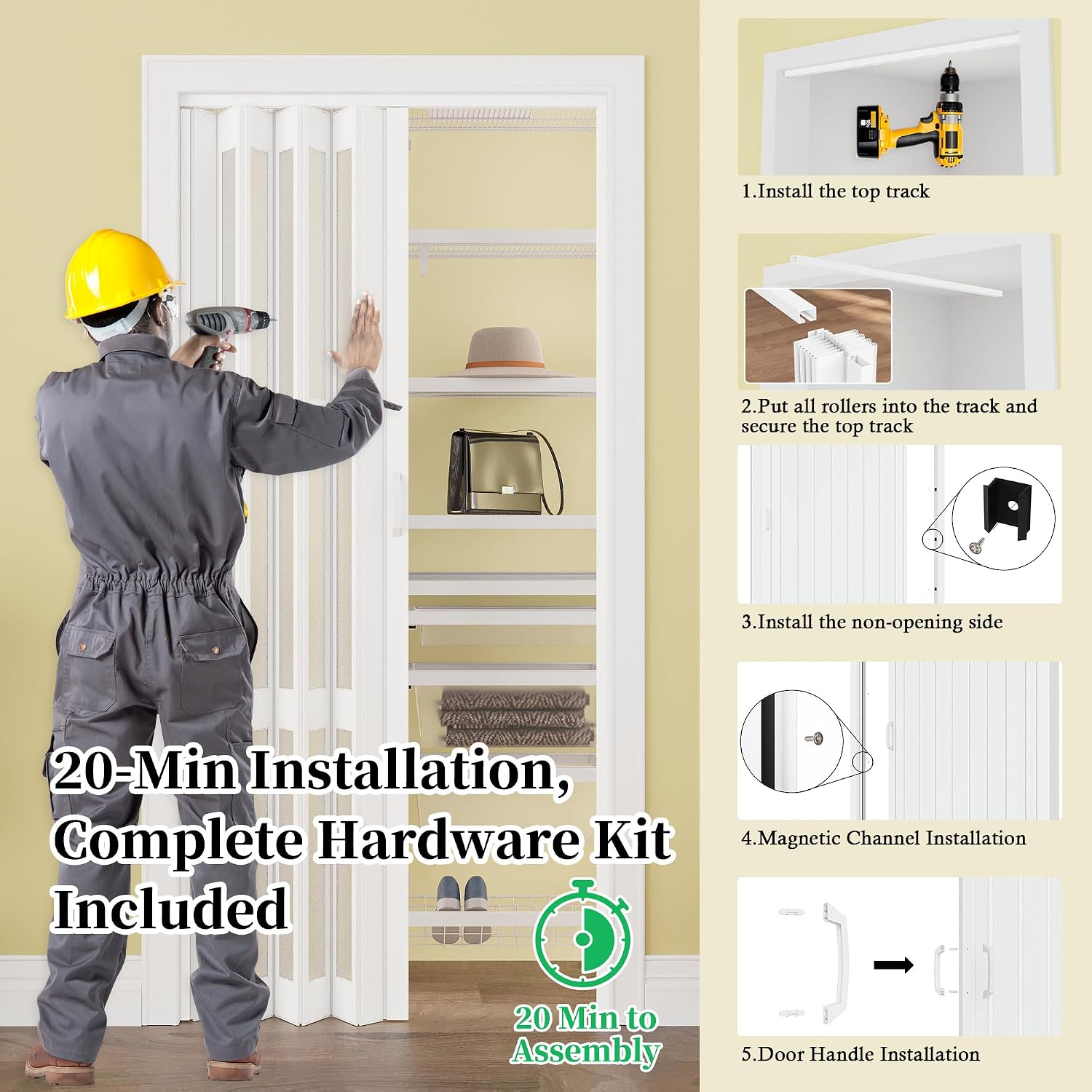 36" x 80" Enhanced Accordion Doors with 3 Frosted Acrylic Panels, Magnetic Accordion Closet Door Hardware Kit Included, PVC Folding Doors with 2 Handles for Closet Bathroom Doorways and Room Divider