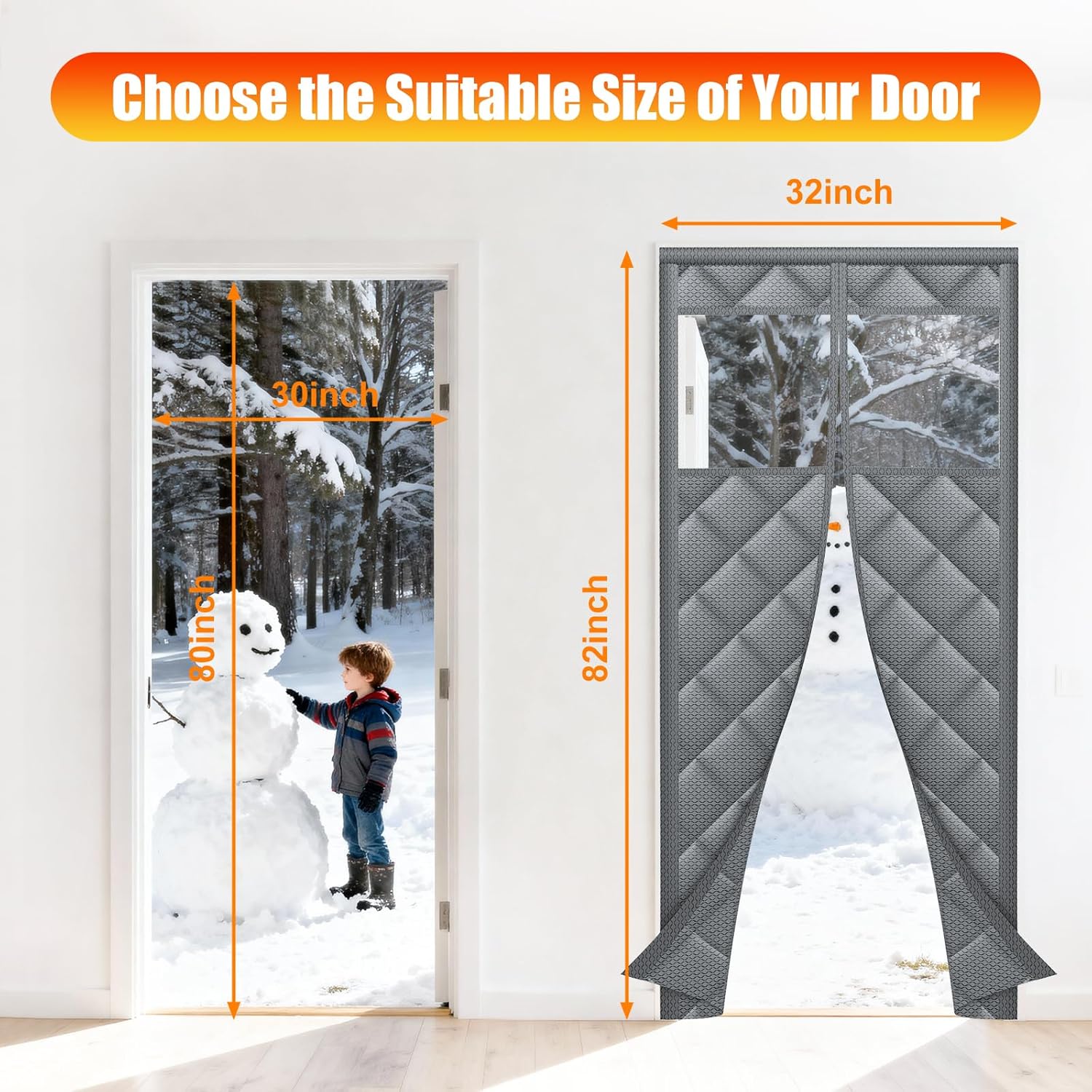 Magnetic Thermal Insulated Door Curtain with Transparent Window Insulated Door Cover Upgraded Oxford Filled with Thicken Cotton Thermal Insulated Curtains for Winter Waterproof and Windproof, Grey