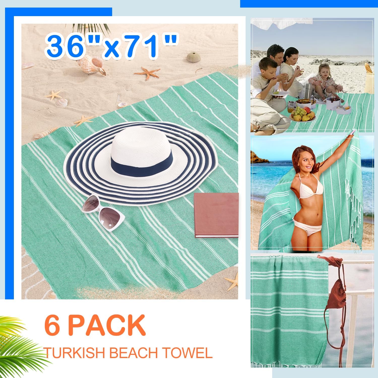 YSYJ Turkish Beach Towel 6 Pack Beach Towels 36"x71" Beach Towel Oversized Sand Free Turkish Towel Quick Dry Bath Towels Teal