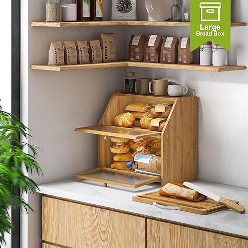 Miniatura 6 de BMOSU Caja de pan doble de granja con tabla de cortar encimera de cocina panera caja de pan doble madera de bambú de gran capacidad contenedor de