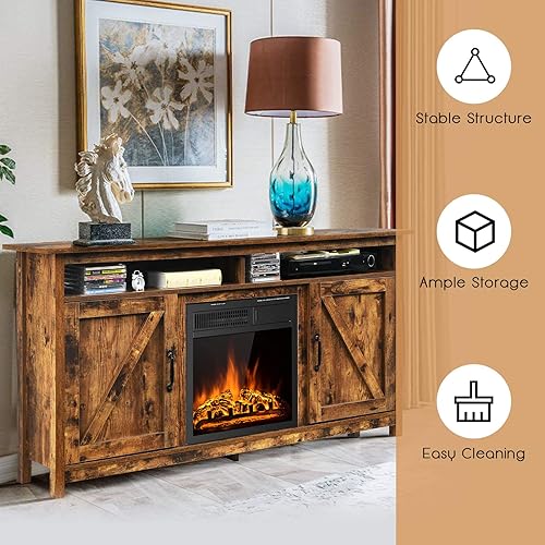 Miniatura 8 de Tangkula Soporte de TV industrial con chimenea para televisores de hasta 65 pulgadas, centro de entretenimiento con chimenea eléctrica de 1500 W,