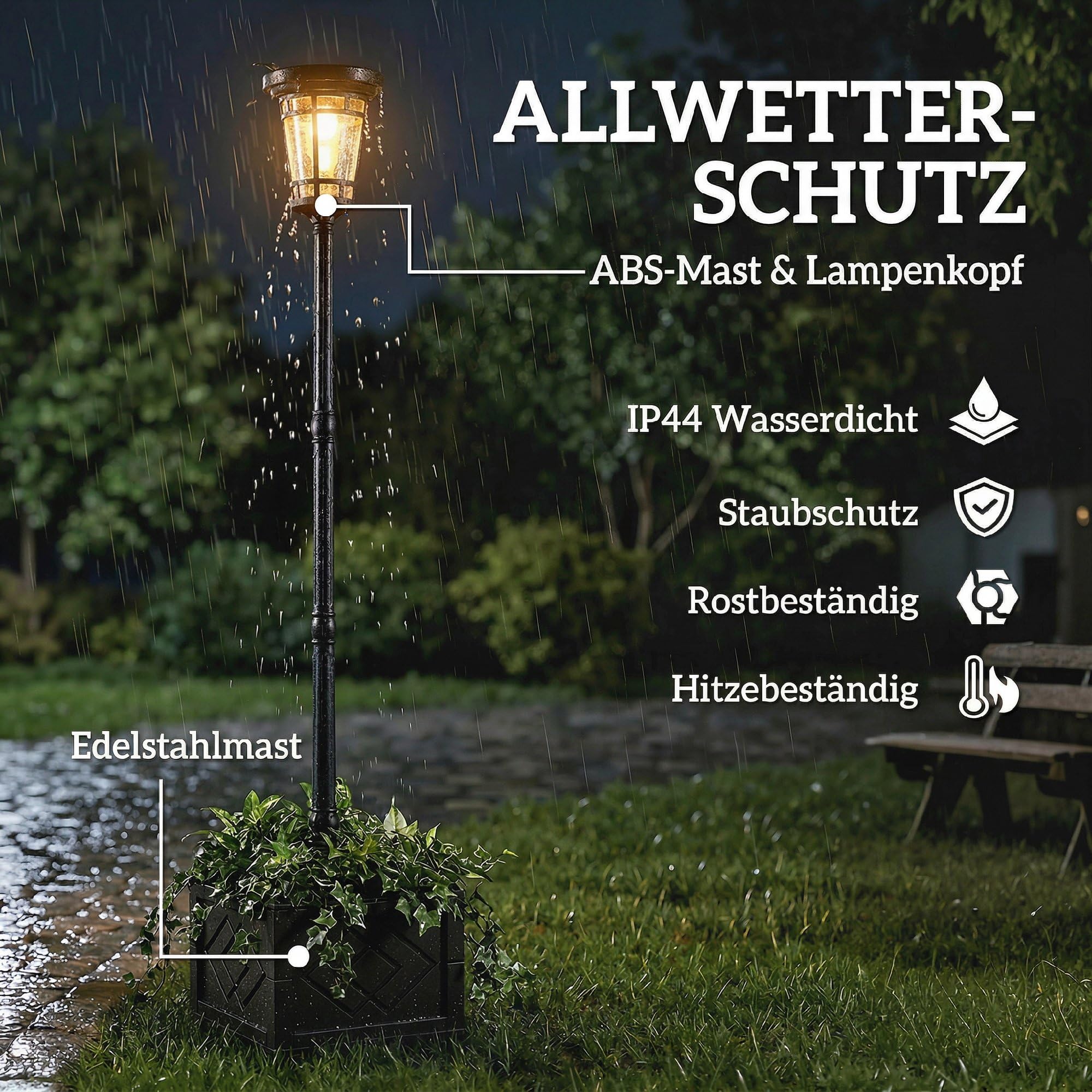 Outsunny Solar Laterne Stehleuchte mit Blumentopf 195cm IP44 2 Helligkeitsstufen Lichtsensor