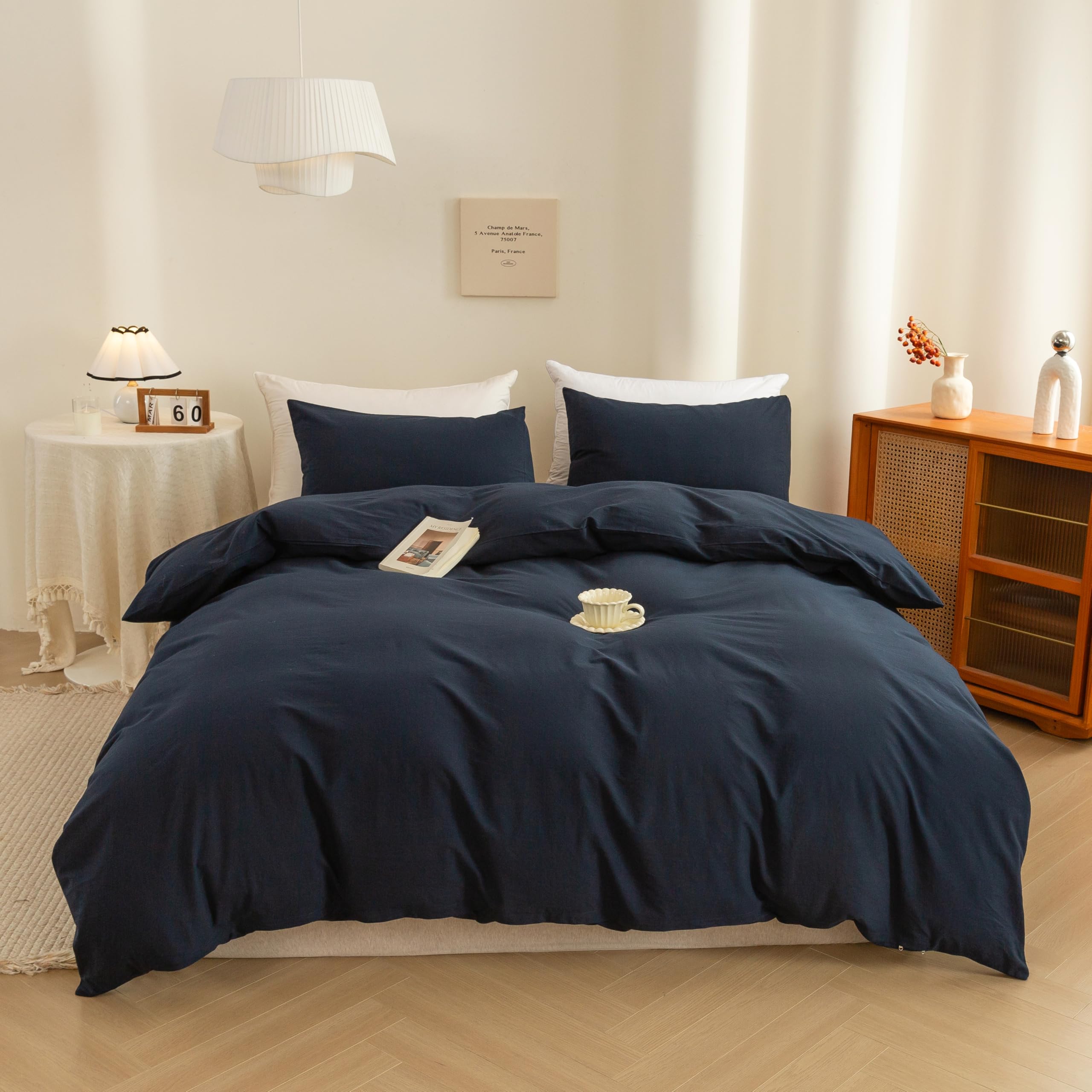 ECOCOTT Navy Blue Duvet Cover Full, 100% Washed Cotton 3 Piece Bedding Set 1 Comforter Cover with Zipper and 2 Pillowcases, Ultra Soft and Easy Care Breathable Duvet Cover