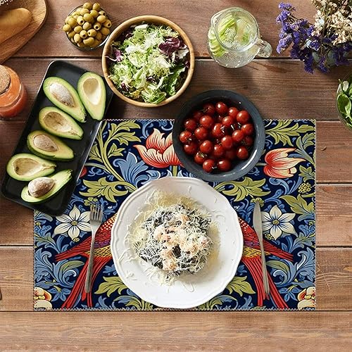 Miniatura 4 de Juego de 4 manteles individuales coloridos de color azul floral rojo pájaro mantel individual resistente al calor, resistente a las manchas,