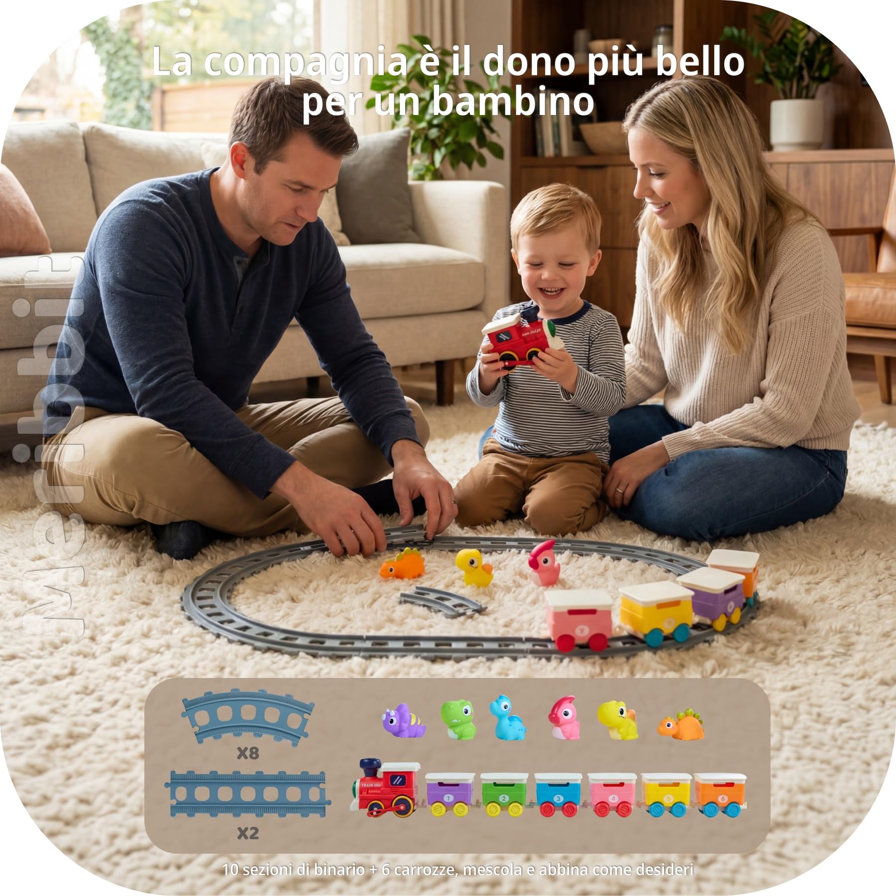 Trenino con Binari, Luci ed Effetto Vapore, Dinosauri Marionette da Dito, Giocattoli Montessori Sensoriali, Gioco Educativo per Bambini 2 Anni, Regalo 1-3 Anni