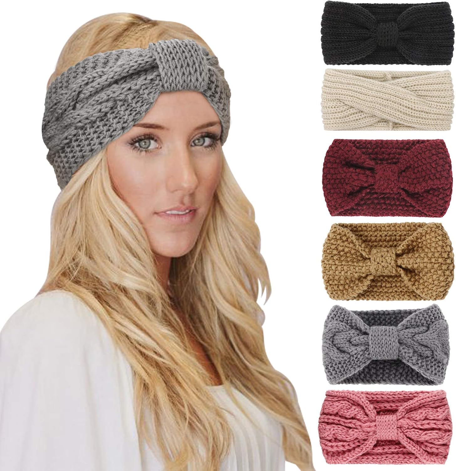 DRESHOW Winter Knit Chunky Headbands for Women Crochet Turban Knitted Ear Warmer Fashion Head Wrap 6 Pack