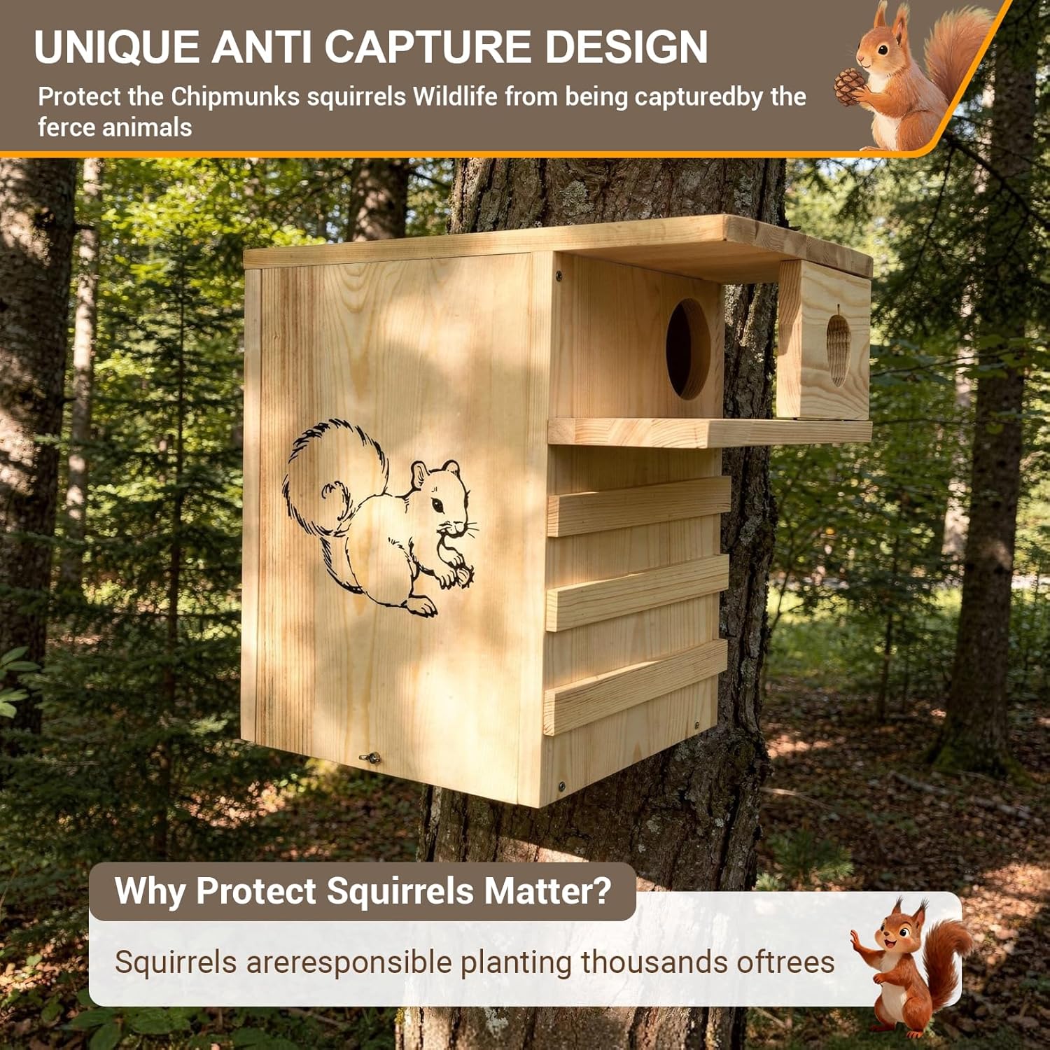Large Squirrel House for Outside, Premium Pine Wood Squirrel House with External Platform, Large Squirrel Nesting Box for Squirrels Chipmunks and Small Animals