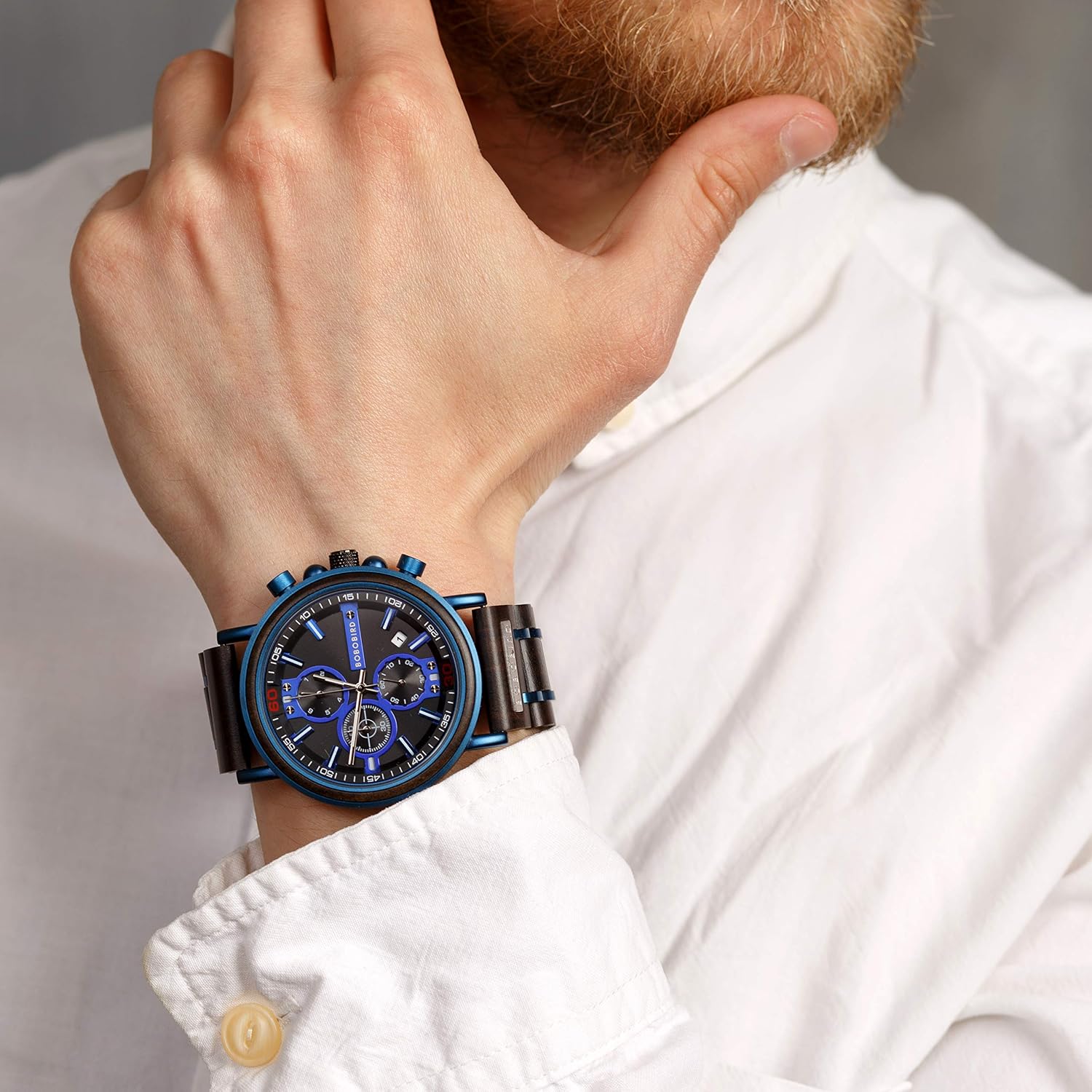 BOBO BIRD Mens Wooden Watch Stylish Blue Wood Stainless Steel Combined Chronograph with Luminous Pointers Fashion Business Timepiece for Men/Father/Husband/Son
