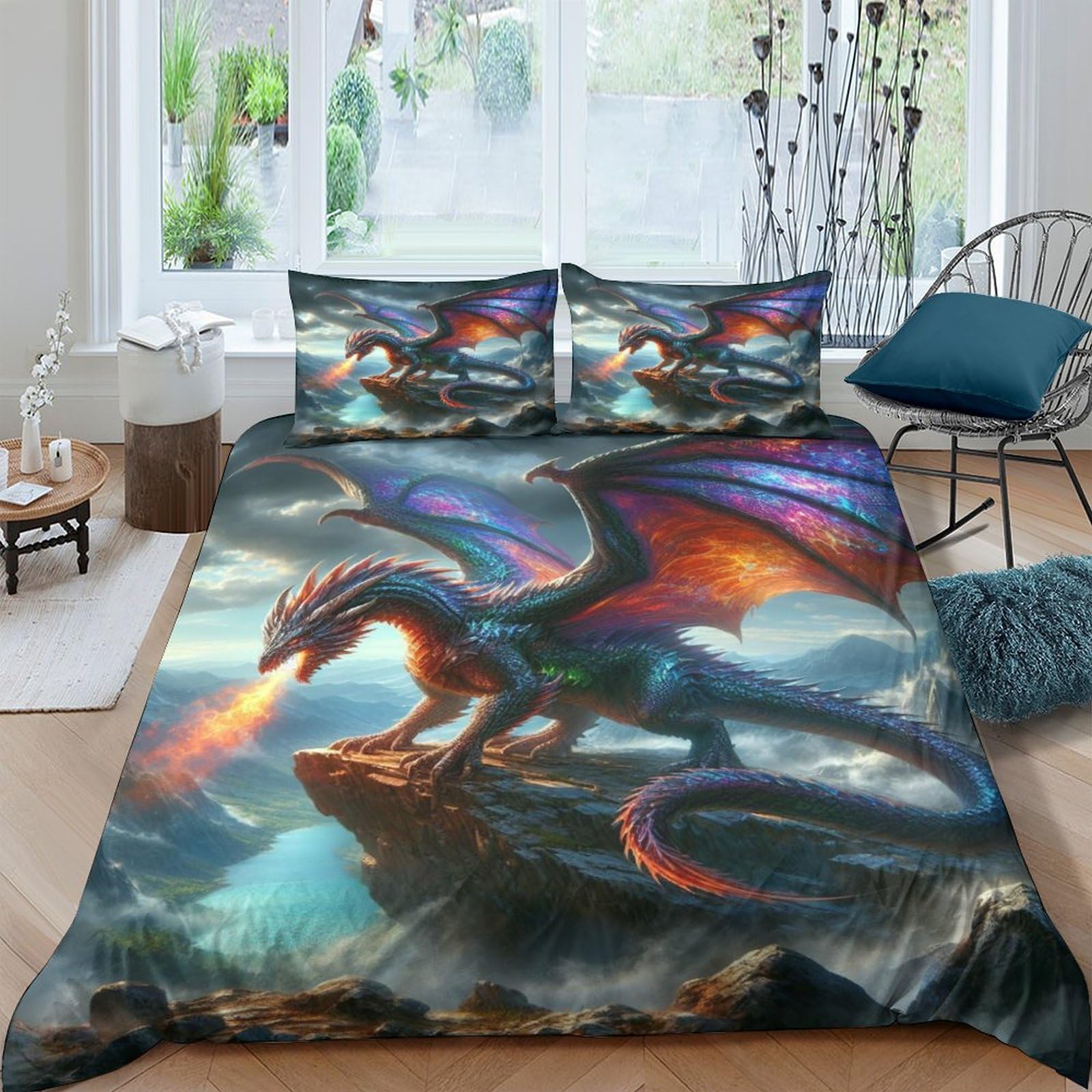TNFHSOFT Flying Dragon 3D Printed Quilt Cover Design Duvet Cover Set Bedding Set,Soft Microfiber,Hidden Zipper Boys And Girls Double（200x200cm）