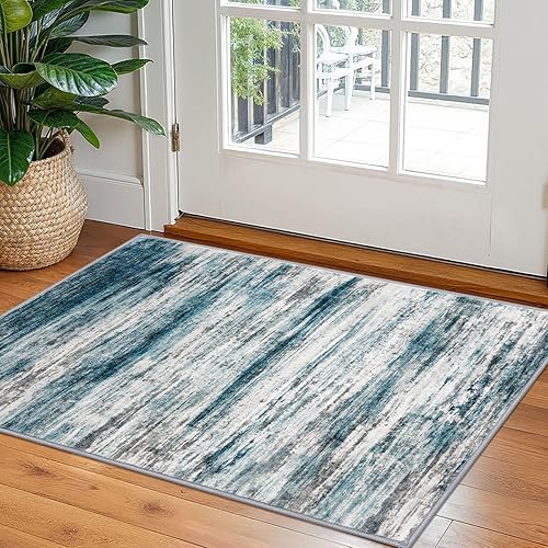Miniatura 28 de KOZYFLY Alfombra moderna abstracta lavable de 2.6 x 10 pies, antideslizante, suave, alfombra de camino de cocina, alfombra a rayas azules óxido para