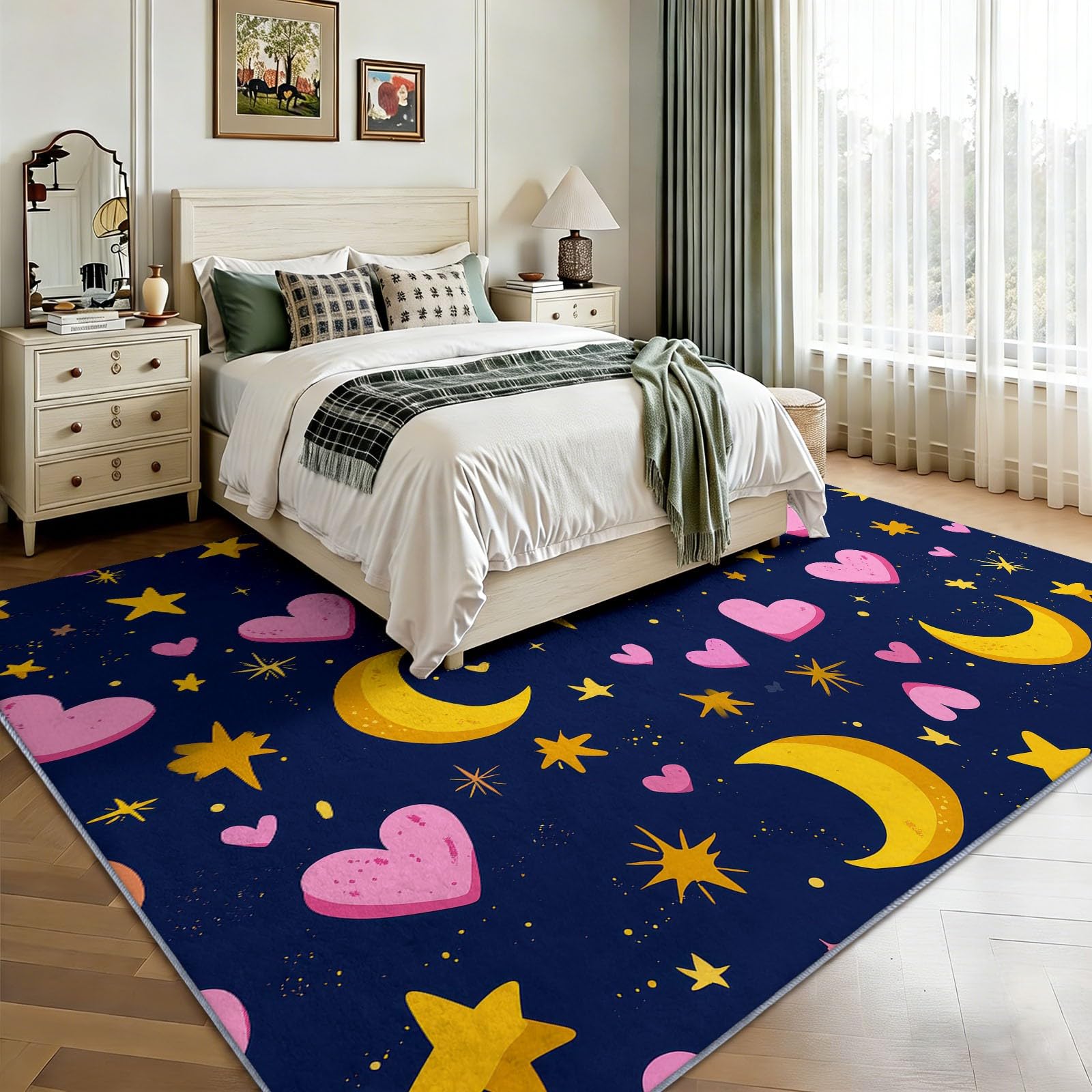 Generisch Teppich Waschbar 80 x 150 cm,Sterne Mond Herz Teppich, Kinderzimmer Gemälde rutschfest Zusammenklappbar Teppiche Gegend für Schlafzimmer Küche, Sternenhimmel
