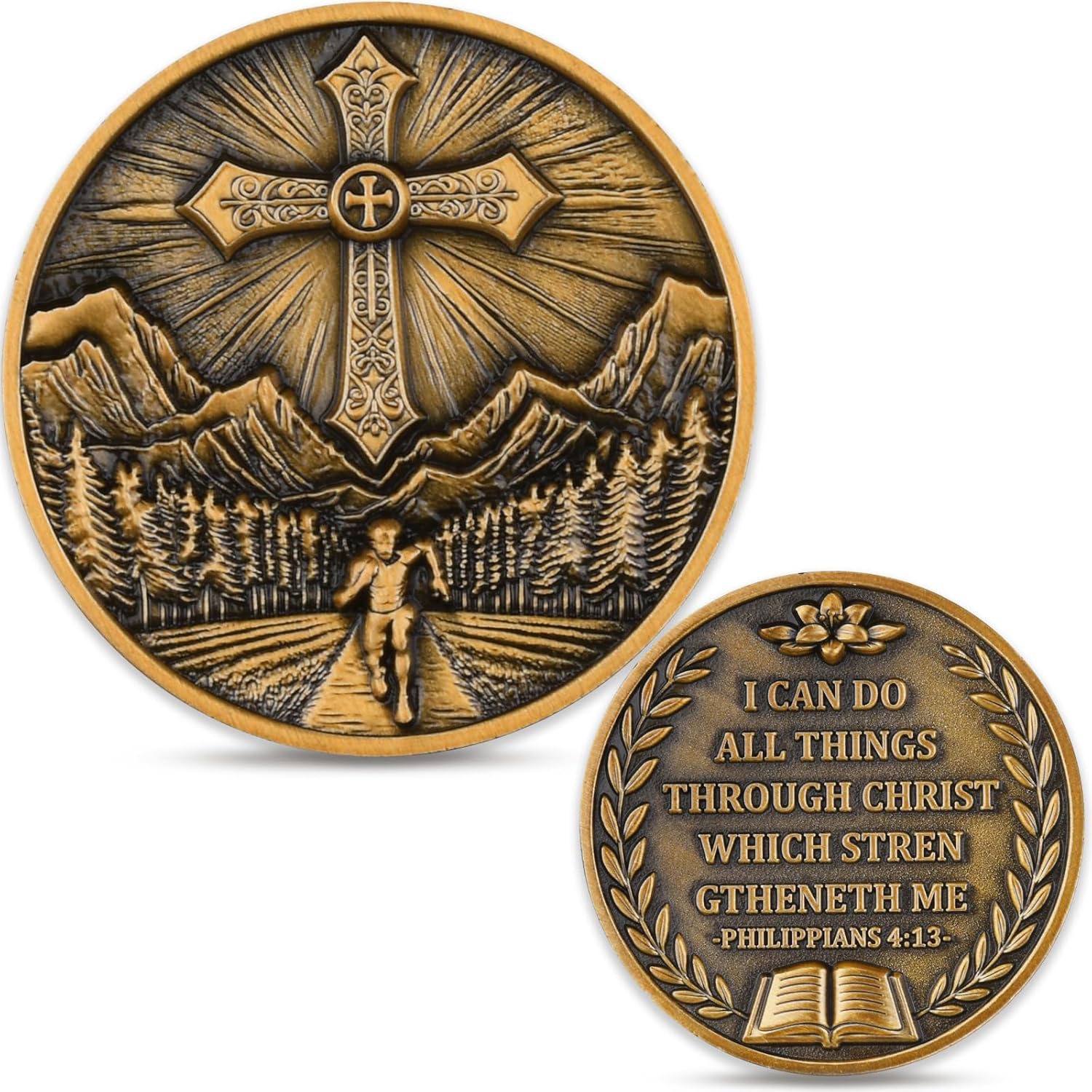 Christian Faith Inspirational Challenge Coin - Philippians 4:13 Bible Verse Token - Portable Encouragement Keepsake & Religious Gift for Baptism, Easter, Christmas (Single Coin)