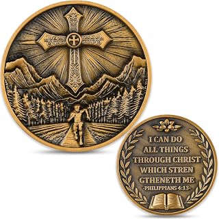 Christian Faith Inspirational Challenge Coin - Philippians 4:13 Bible Verse Token - Portable Encouragement Keepsake & Religious Gift for Baptism, Easter, Christmas (Single Coin)