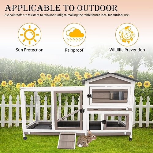 Miniatura 8 de PetsCosset - Jaula para conejos de 57" de largo, para interior y exterior, de 2 pisos, jaula grande para conejos con área descubierta, jaula