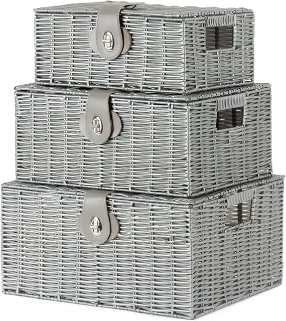 LIVIVO Set of 3 Resin Woven Wicker Hamper Basket Storage Box with Lid and Lock (Set of 3 Grey)