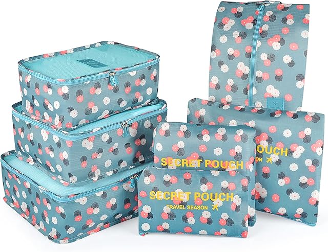7PCS Travel Packing Cubes for Suitcases, TOYESS Waterproof Nylon Luggage Organiser Storage Bags Value Set for Backpack, Sun flower