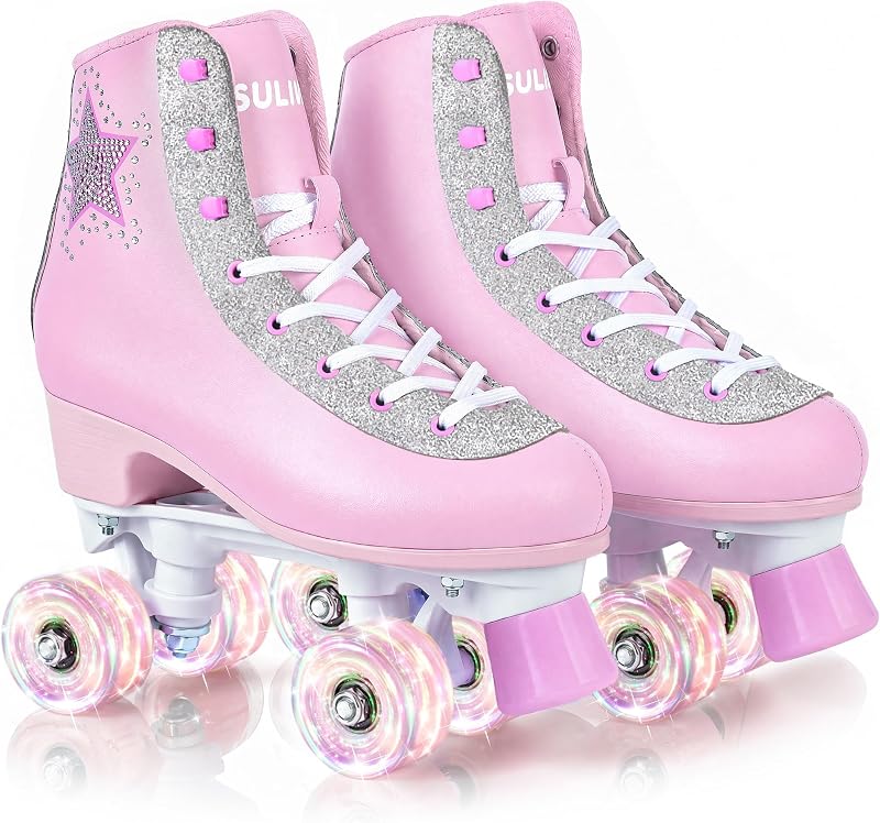 SULIFEEL Roller Skates for Girls and Women, Rhinestone Star Skates with High Top and Motion Light Up Wheels for Indoor and Outdoor Use