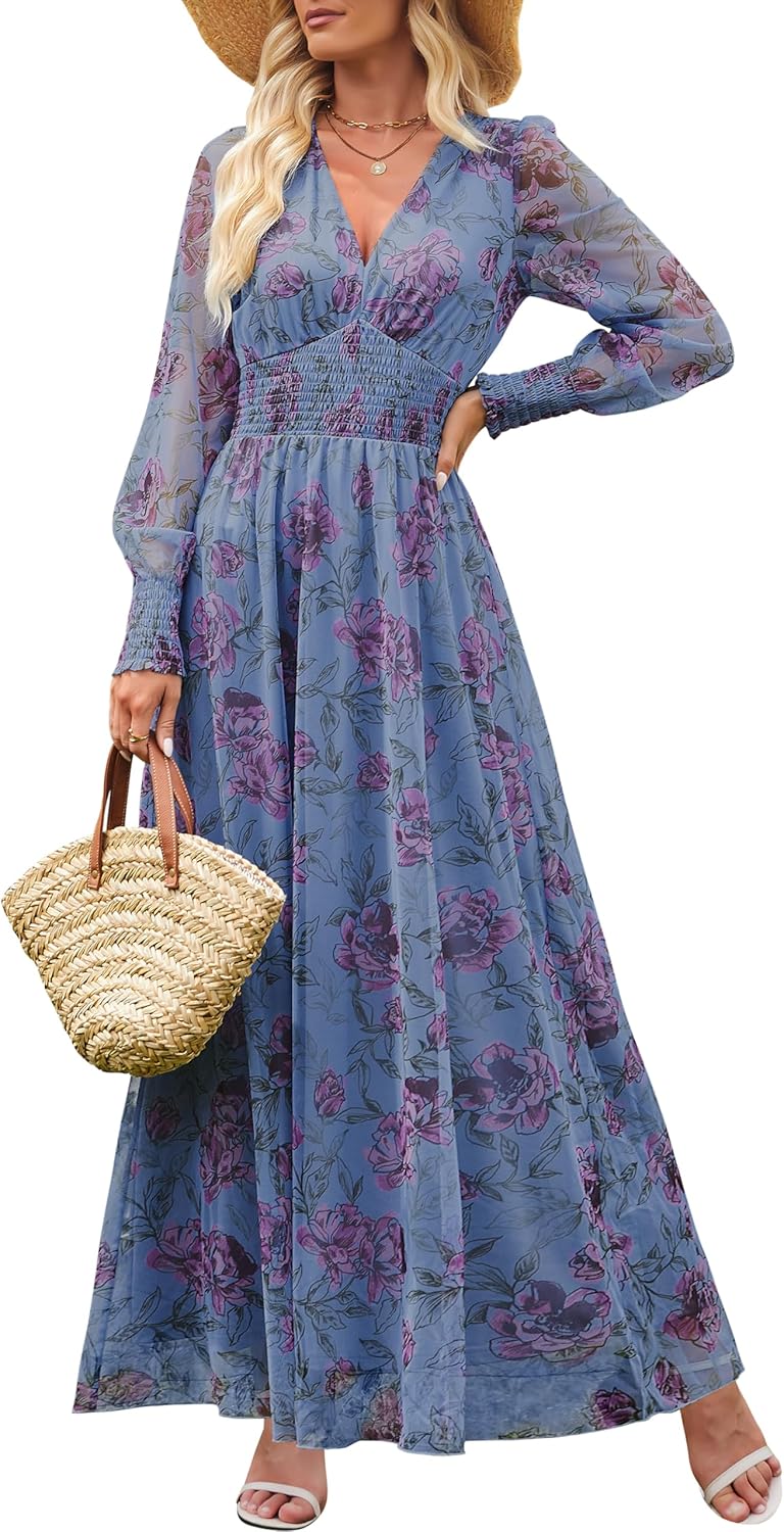 ANRABESS Women's Floral Maxi Dress 2025 Fall V Neck Puff Long Sleeve Flowy Casual Wedding Guest Tea Party Tulle Dresses