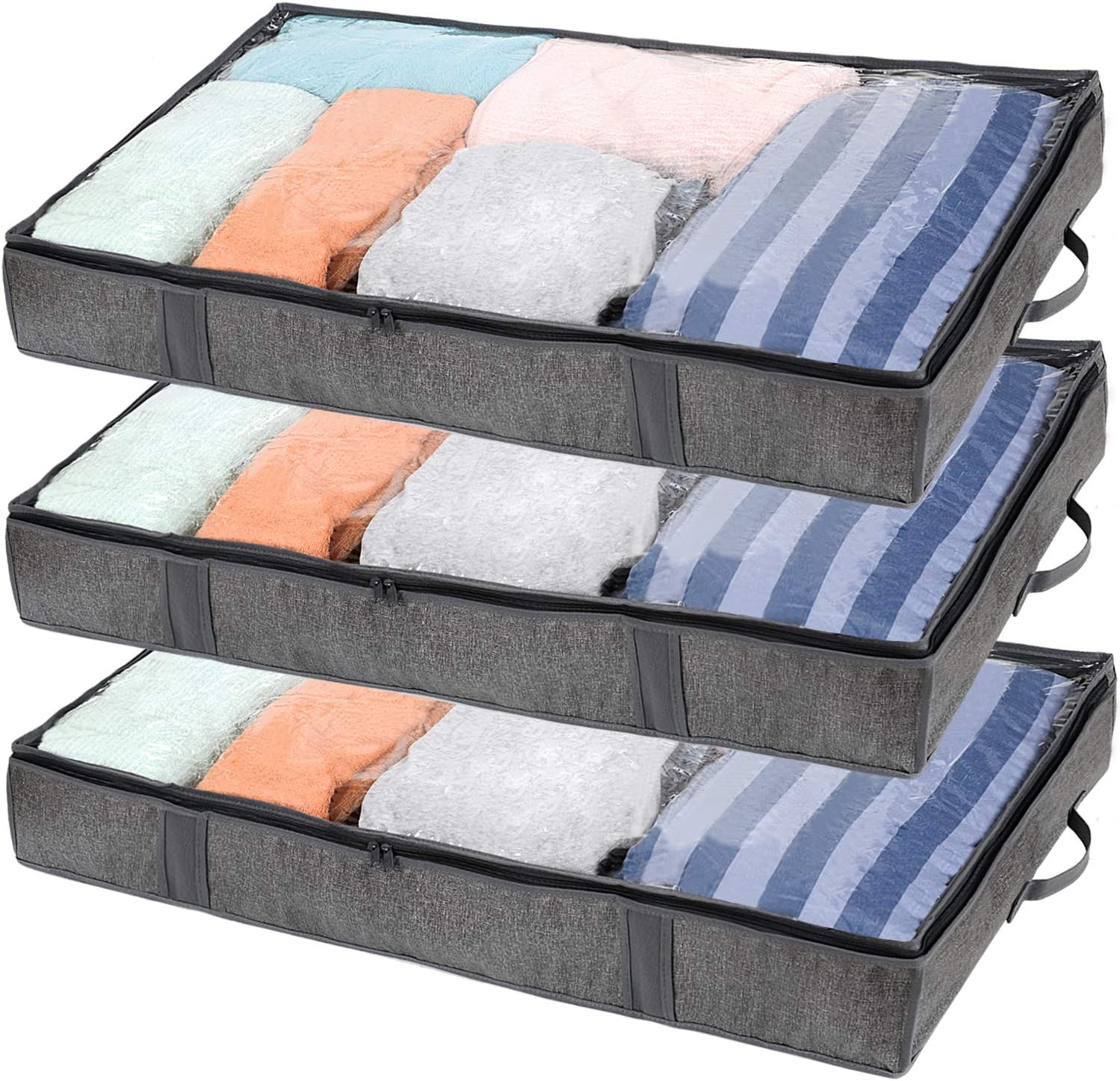 VENO Underbed Storage Containers Set of 3, 225L Large Capacity, With Durable Woven Material, 4 Reinforced handles, Clear Window, Underbed Storage Solution for Comforter, Bedding, Clothing (Black)