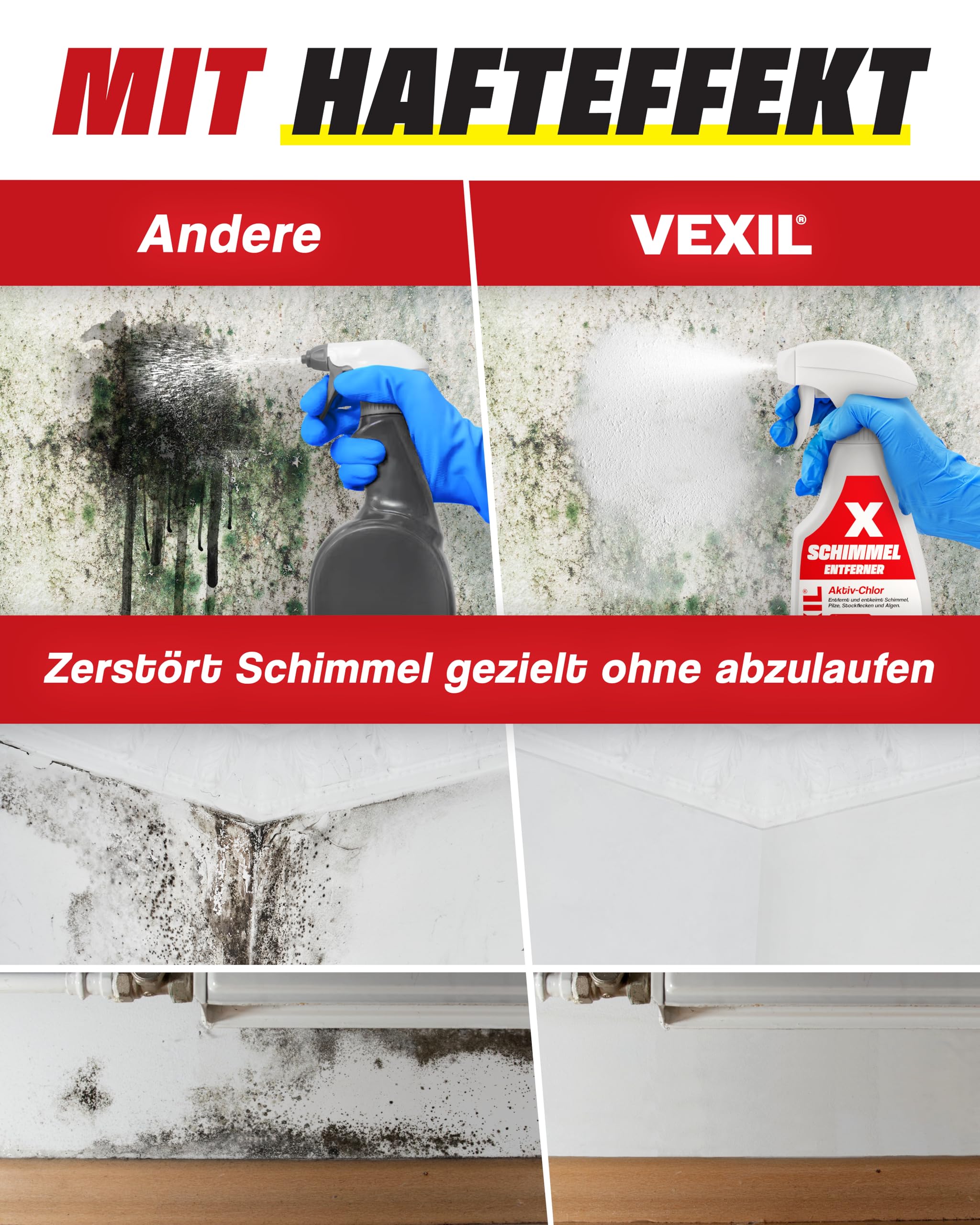 VEXIL Schimmelbekämpfung Duo – Schimmelentferner mit AKTIV-CHLOR + Schimmelschutz Spray – Schimmel entfernen & Neubefall verhindern – Bis zu 18 Monate Langzeitschutz – 2x 500 ml – Made in Germany