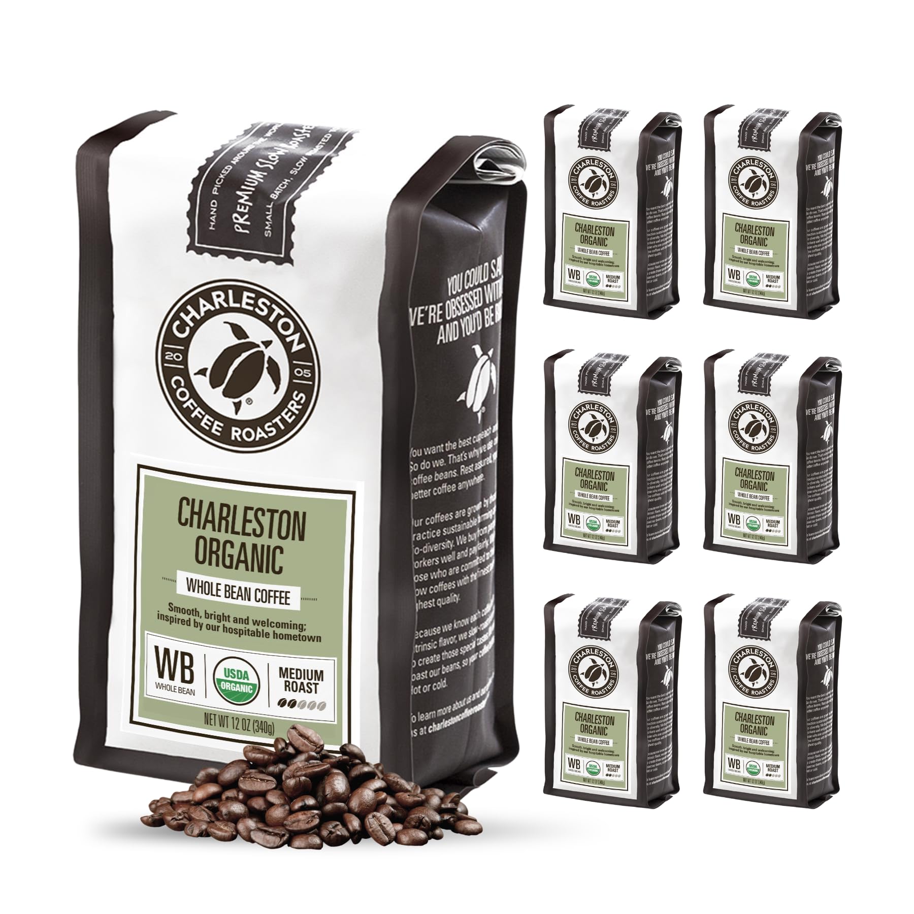 Charleston Coffee Roasters | Specialty Organic Whole Bean Coffee | Hand Picked, Premium Slow Roast | (Charleston Organic, Medium Roast) 12oz, 6 Pack