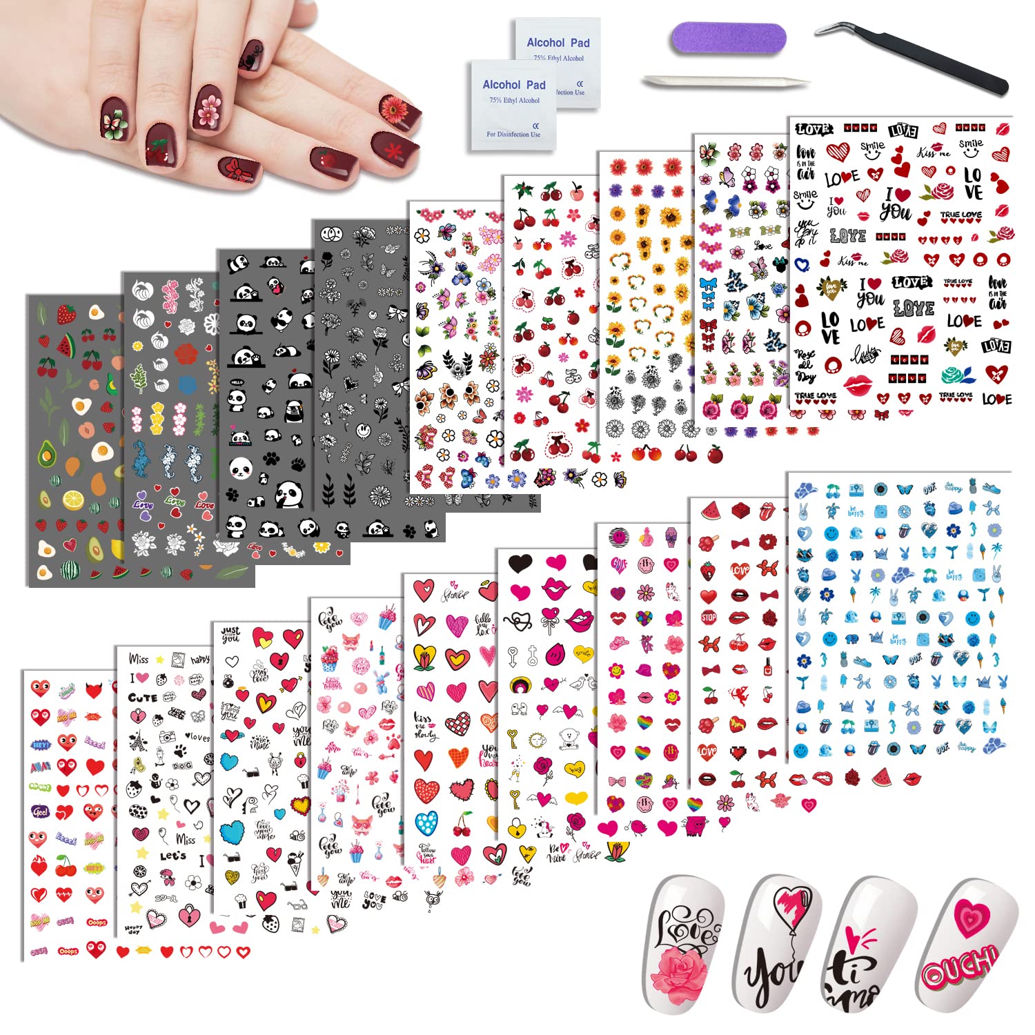 18 Sheets Nail Art Stickers for Women Girls Kids, Panda Lips Sunflower Love Heart Fruit Self-Adhesive Nail Stickers for Nail Art Decoration with Tweezers and Sticks
