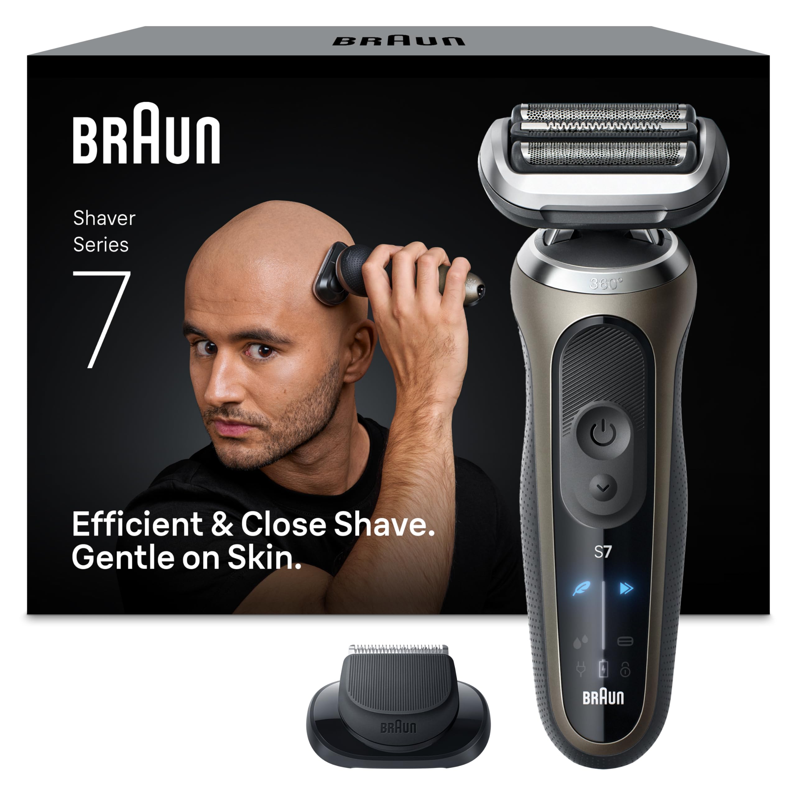 Braun Glatzen Rasierer Herren Series 7, Gold | Elektrorasierer für Nass Und Trockenrasur, Glatzenrasierer, Kopfrasierer, 60 Min Akku, Wasserdicht