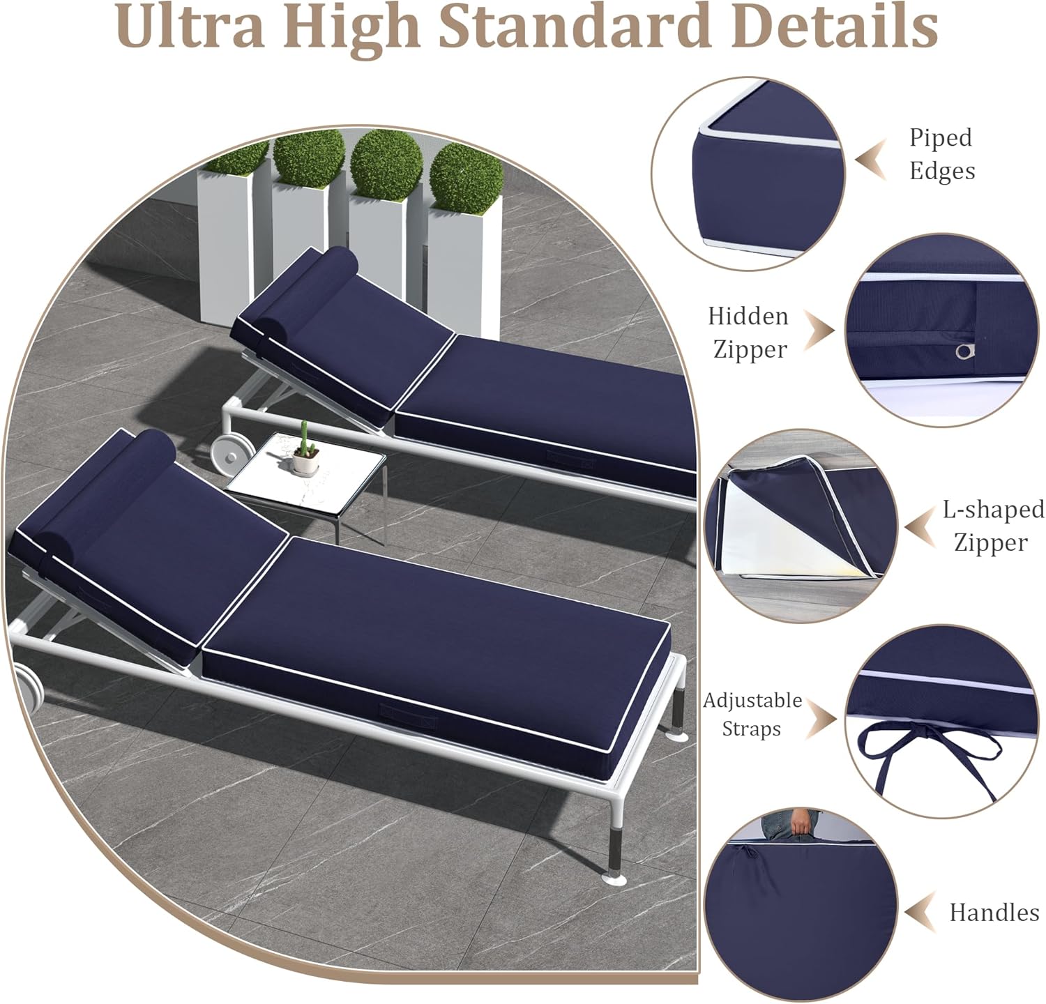 Chaise Lounge Cushions Outdoor 72x21x4 Inch, Patio Lounge Chair Cushions w/High Density Foam, 4 Inch Pool Lounger Cushion w/Removable Cover Handles, Fits Poolside Patio Outdoor Furniture, Navy Blue