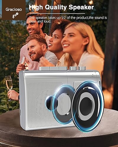 Miniatura 6 de Gracioso Reproductor de casete Bluetooth con transmisor Bluetooth, reproductor de casete AM FM con altavoz grande, conector para auriculares