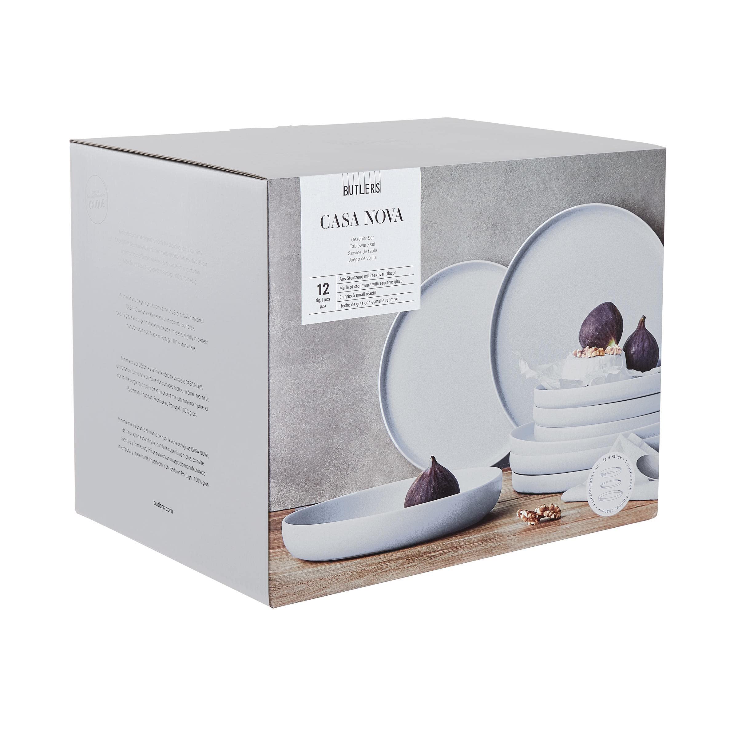 BUTLERS 12-tlg. Geschirrset Steinzeug - CASA NOVA - für 4 Personen | Farbe Grau - reaktive Glasur mit Verlauf - spülmaschinenfest & mikrowellengeeignet - klare Form für Pasta & Salate