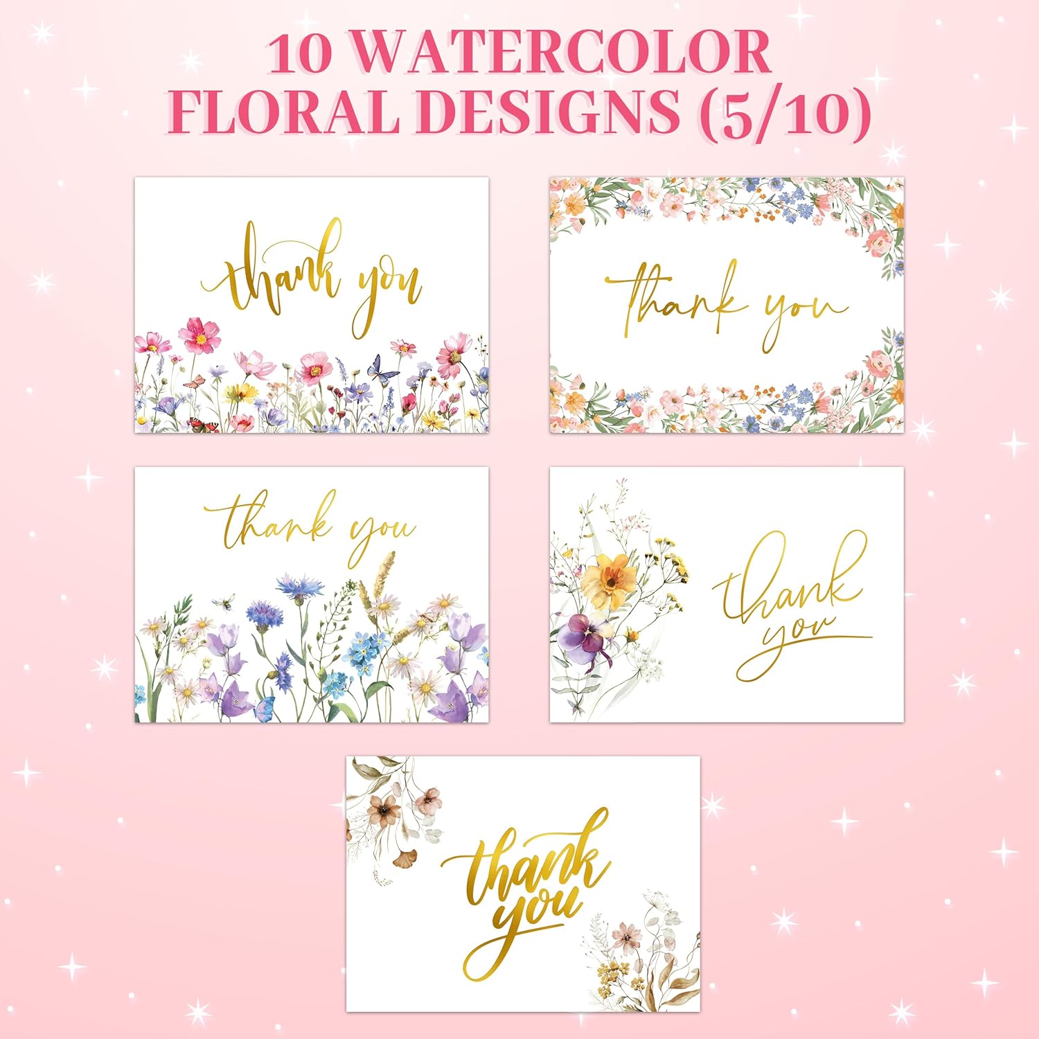Decorably 50 Pack Gold Foiled 6x4in Wildflower Thank You Cards Wedding with Envelopes and Stickers, 10 Folded Watercolor Floral Designs for Loved Ones, Blank Inside - All Occasions, Gifting, Mailing - Image 4