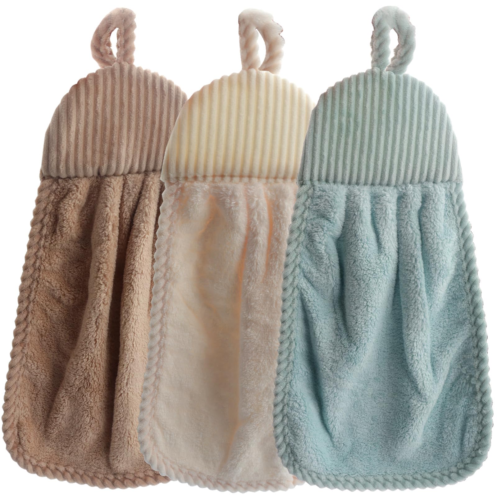3 Serviettes Main Microfibre Velours Corail - 42x20cm - Absorption Rapide - Anneau Suspension
