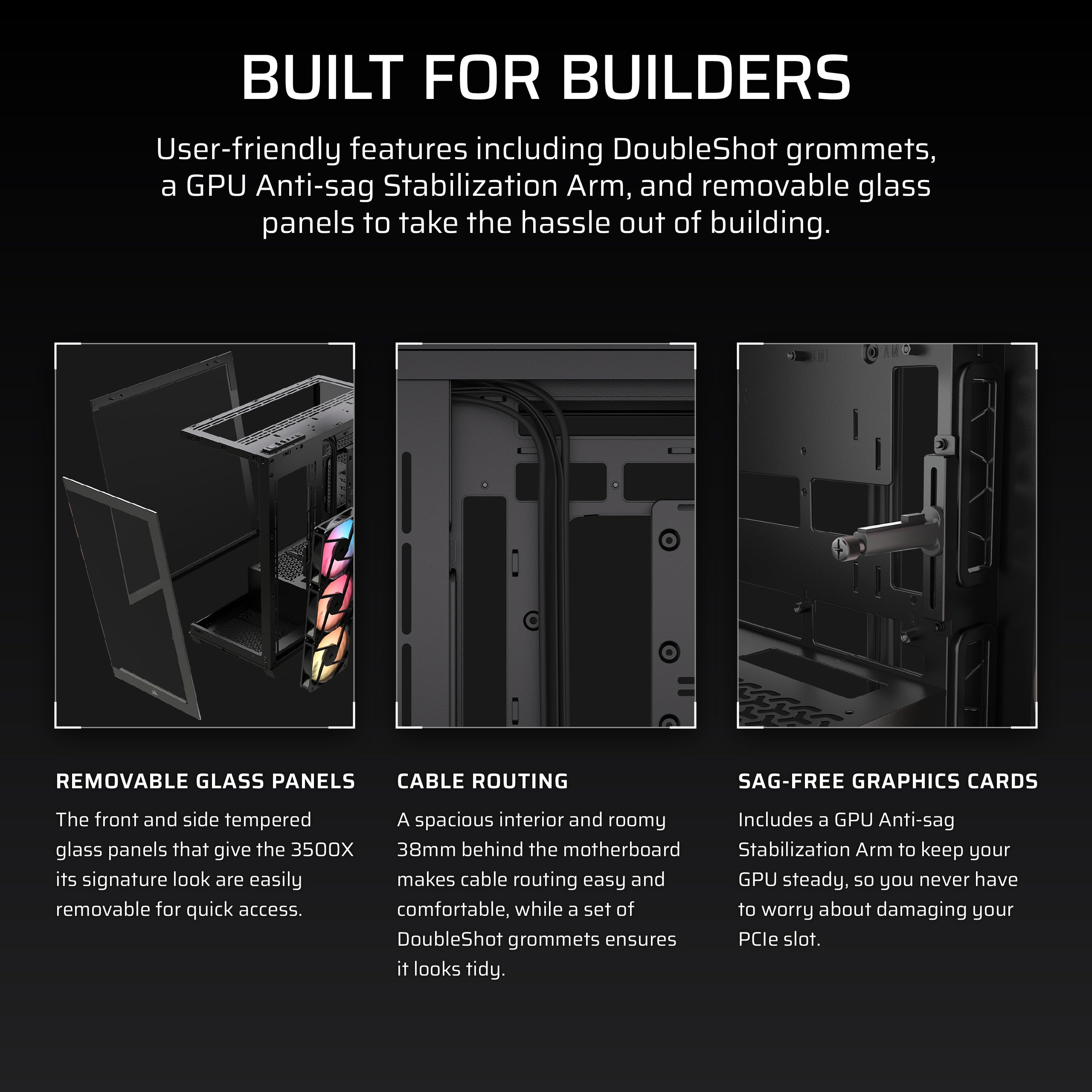 CORSAIR 3500X RS-R ARGB Caja de PC Semitorre con Panel de Cristal Panorámico – 3X RS120-R ARGB Incluidos, Puede Incluir hasta 10 Ventiladores de 120mm, Compatible con Placas Base Inversas – Negro