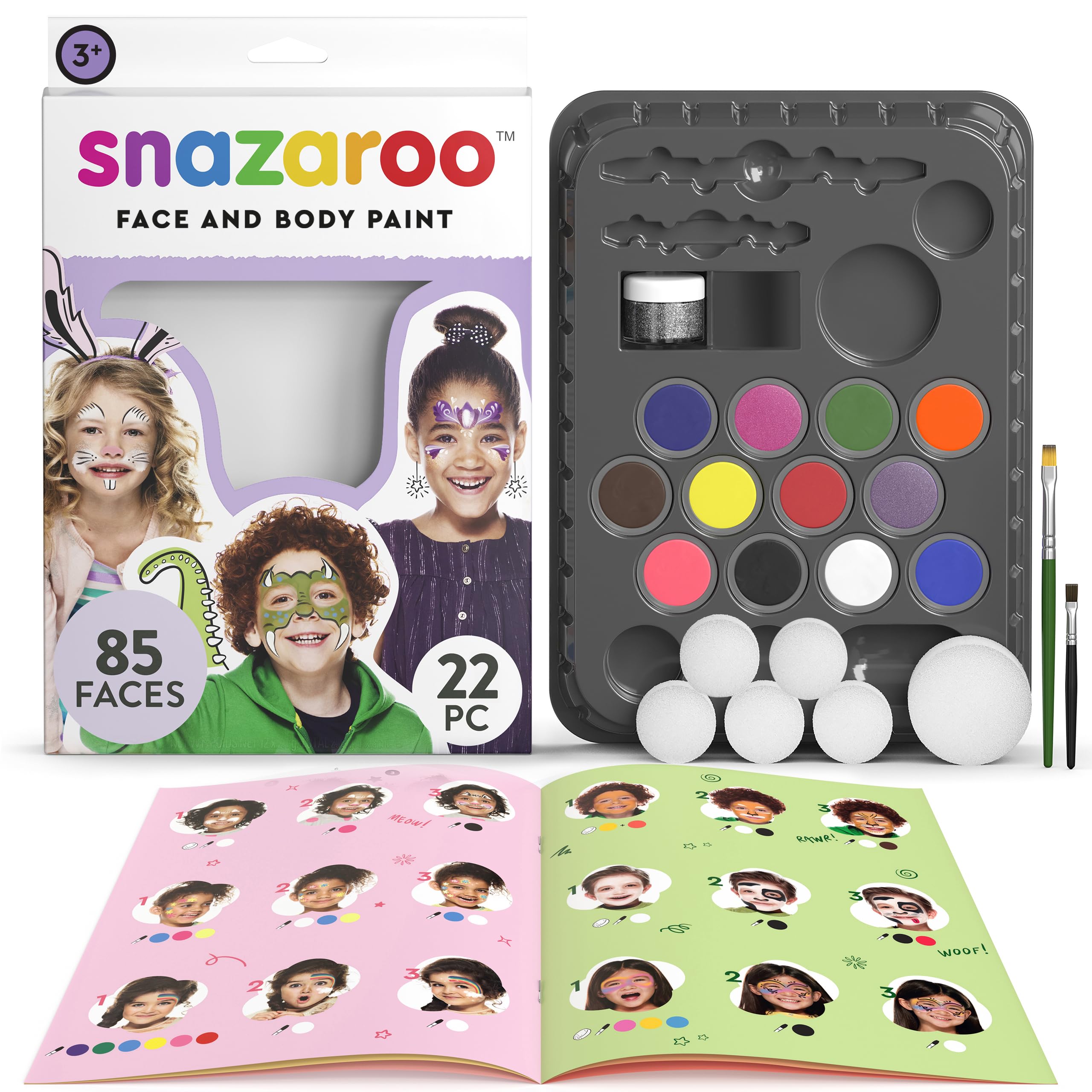 Snazaroo Kit di pittura per il viso Ultimate Party Pack, tavolozza di 12 colori con pennello, spugna, bio-glitter e guida, atossico, a base d'acqua, facile applicazione per bambini, adulti, feste