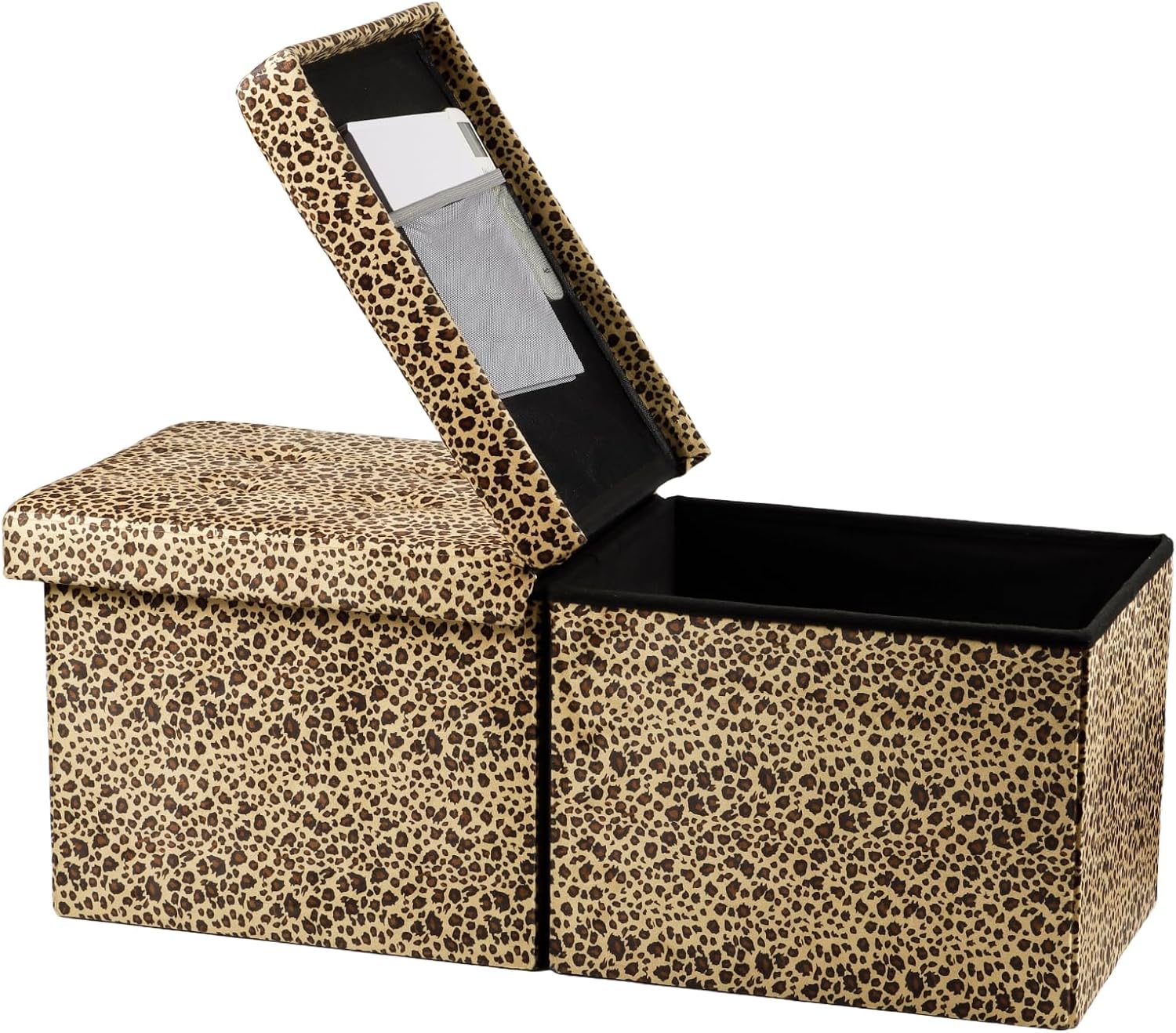 Storage Ottoman Bench with Folding Lid Ⅲ, Foot Stools Opens on Both Ends, Footrest Foldable Velvet Chest for Living Room, Bedroom, Entryway, End of Bed Storage Blanket Ottomans Leopard Print