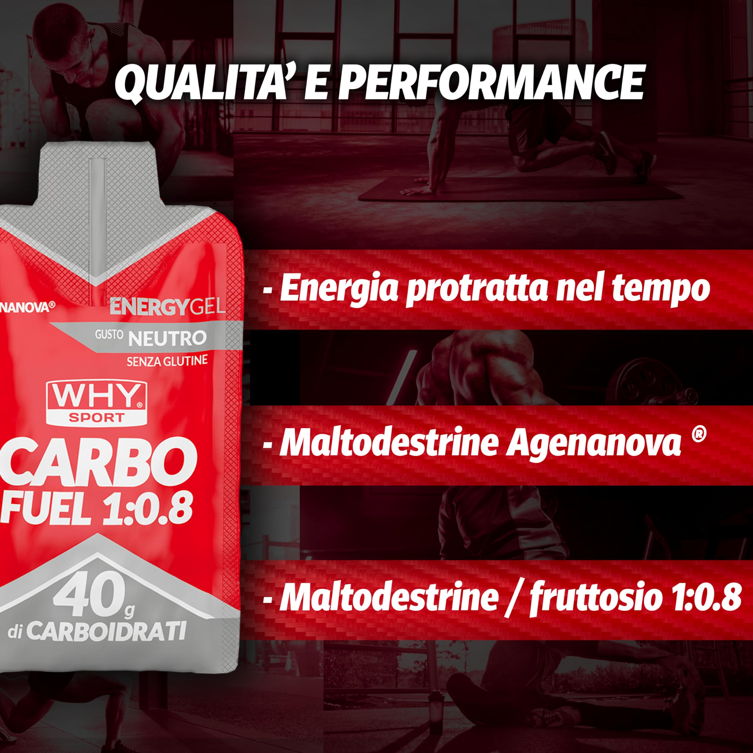 WHY SPORT - Carbo Fuel 1:0.8 - Gel Energetico Pre Workout - Maltodestrine Agenova e Carboidrati - Integratori Alimentari Senza Glutine - Gusto Neutro - Box da 24 pz - 60 ml