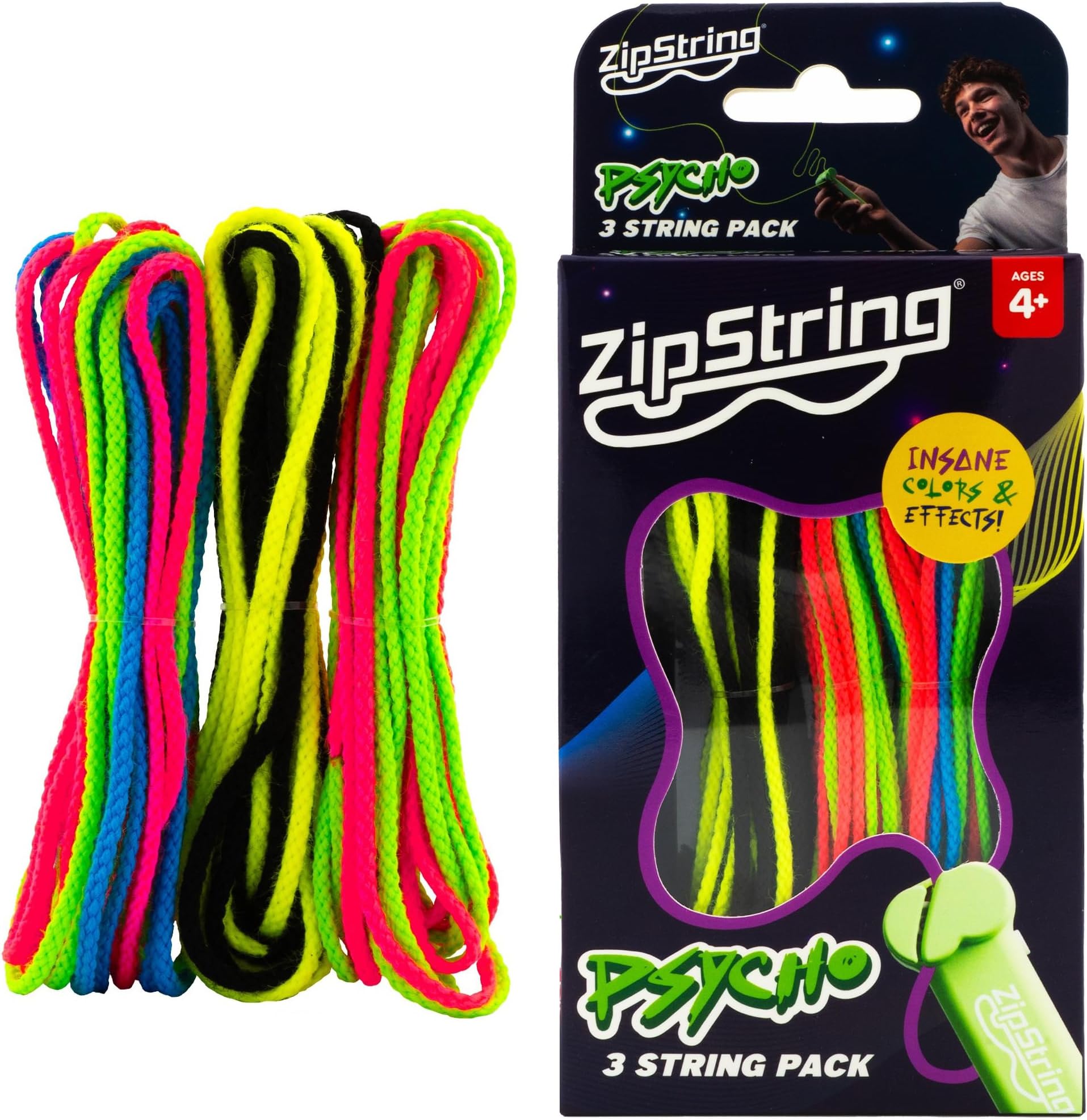 ZipString Psycho Strings, Pack of 3 - Luma Replacement Strings for Rope Launcher Toy - Glow in The Dark Fidget String for Kids & Adults - Shark Tank Featured Lasso Rope Loop String Replacement