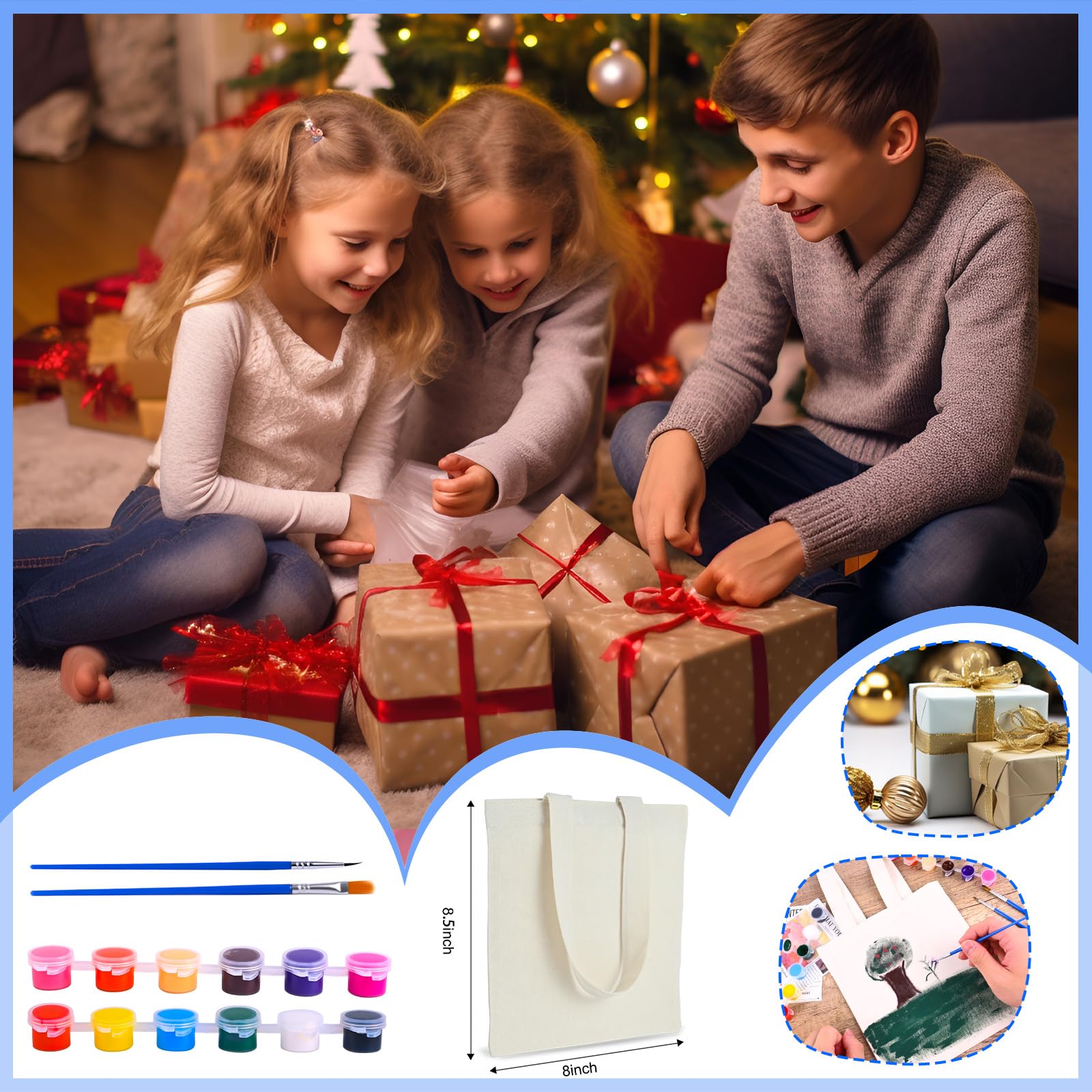 Zioffiel Small Canvas Tote Bags Bulk 24 Pack, Sublimation Tote Bags Blank with Acrylic Paint Set, Reusable Cotton Canvas Bags with Handles, Mini Tote Bag To Decorate DIY Crafts, 8"x8.6" - Image 6