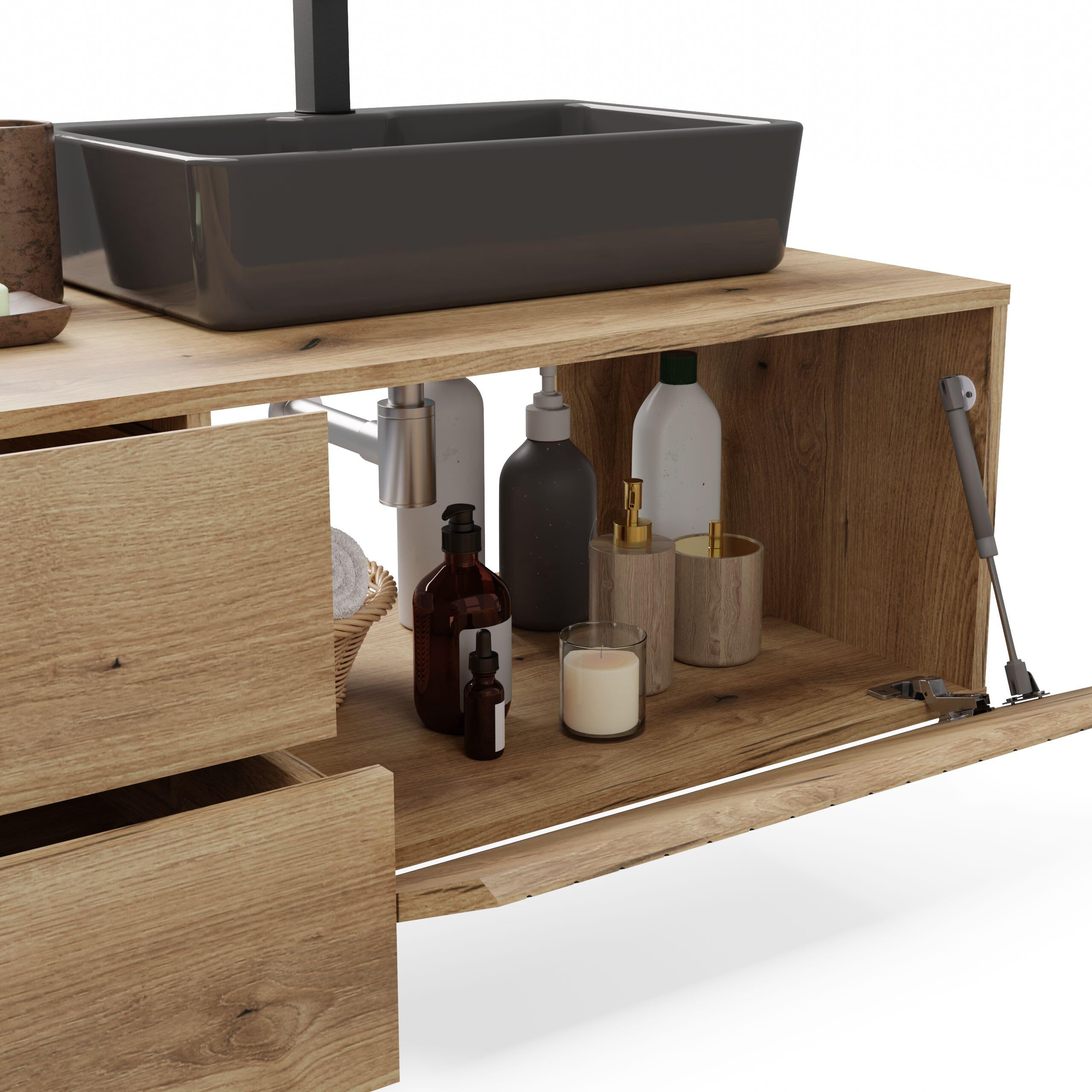ARREDO DA CASA Mobile Bagno Sospeso 140 cm, Mobile Lavabo per Bagno Moderno, Anta a Ribalta Cannettata, 2 Cassetti Soft Close, per Lavabo d’Appoggio, Rovere Antico MLBT3